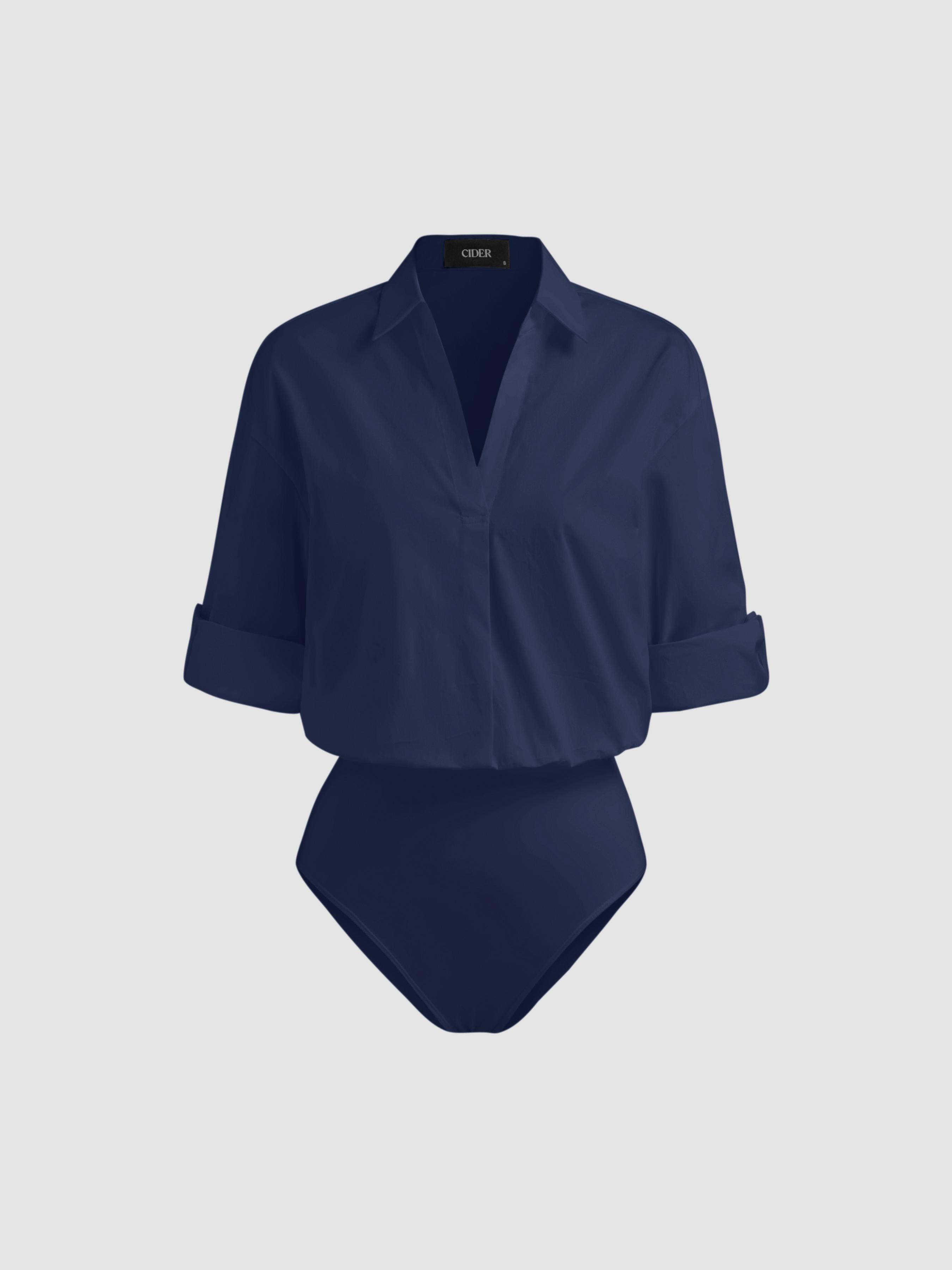 Cotton-blend Collar Roll-up Sleeve Shirt Bodysuit by CIDER