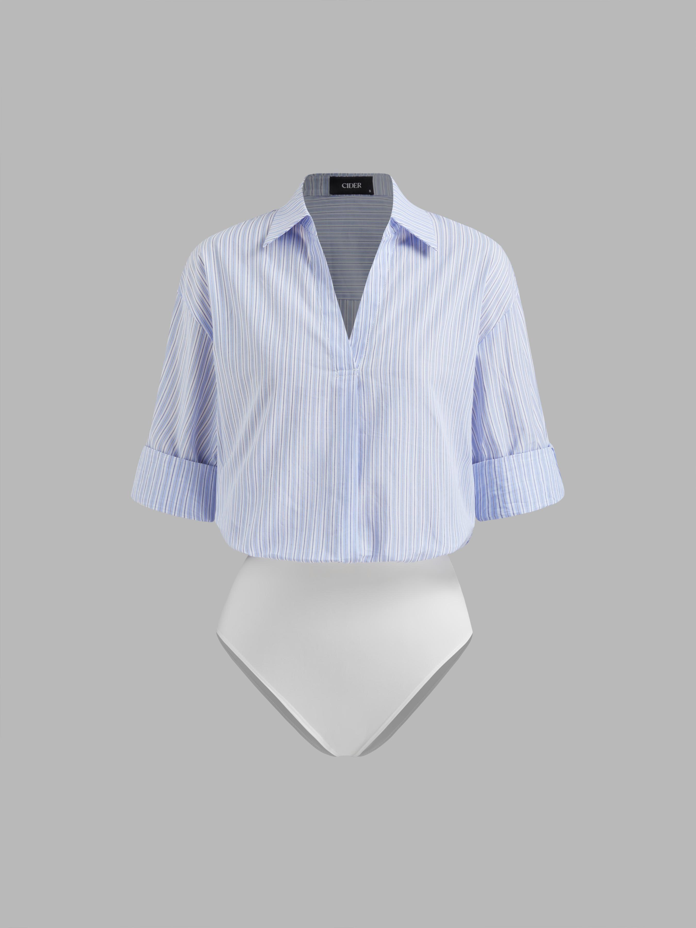 Cotton-blend Collar Roll-up Sleeve Shirt Bodysuit by CIDER
