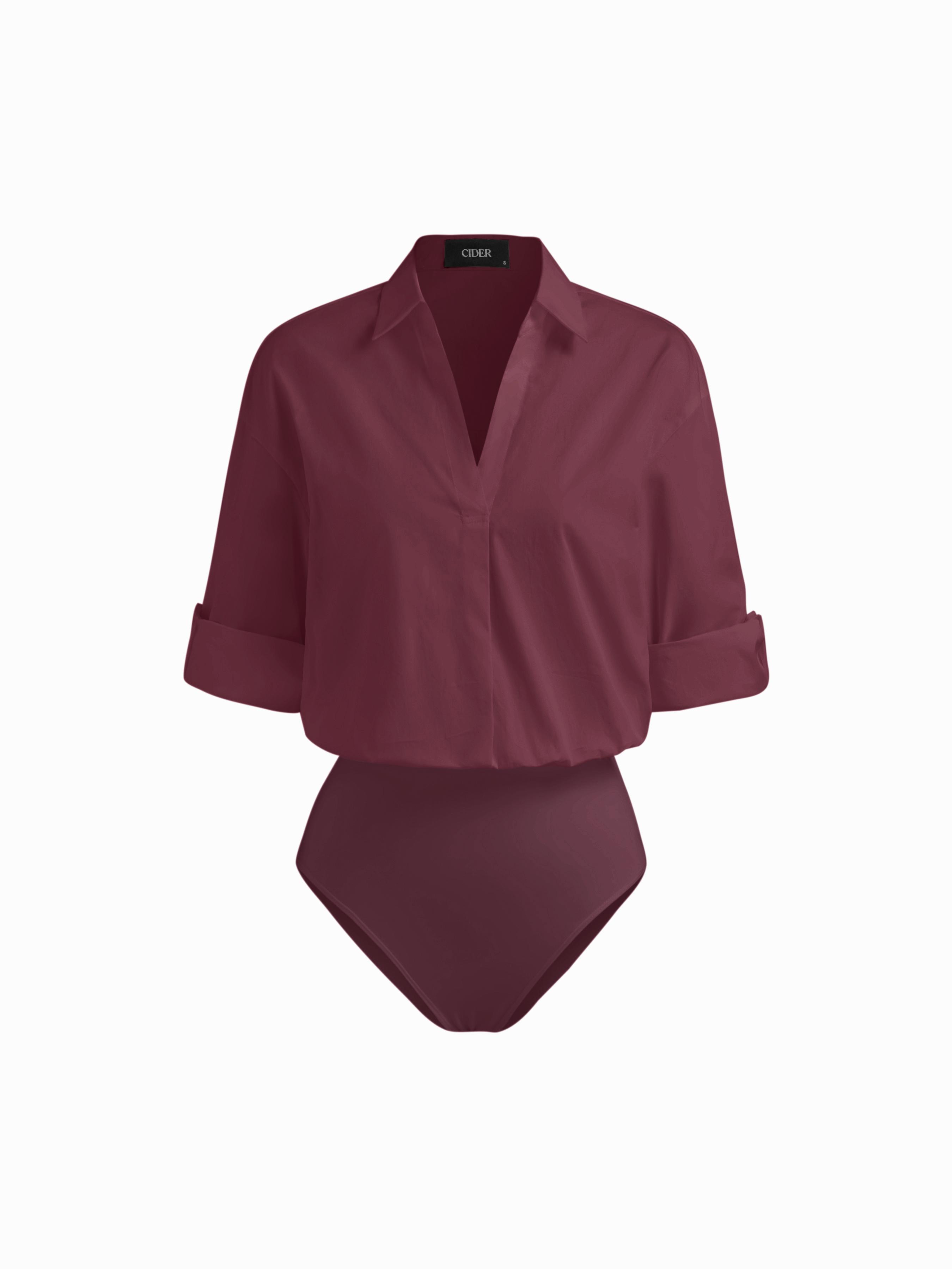 Cotton-blend Collar Roll-up Sleeve Shirt Bodysuit by CIDER