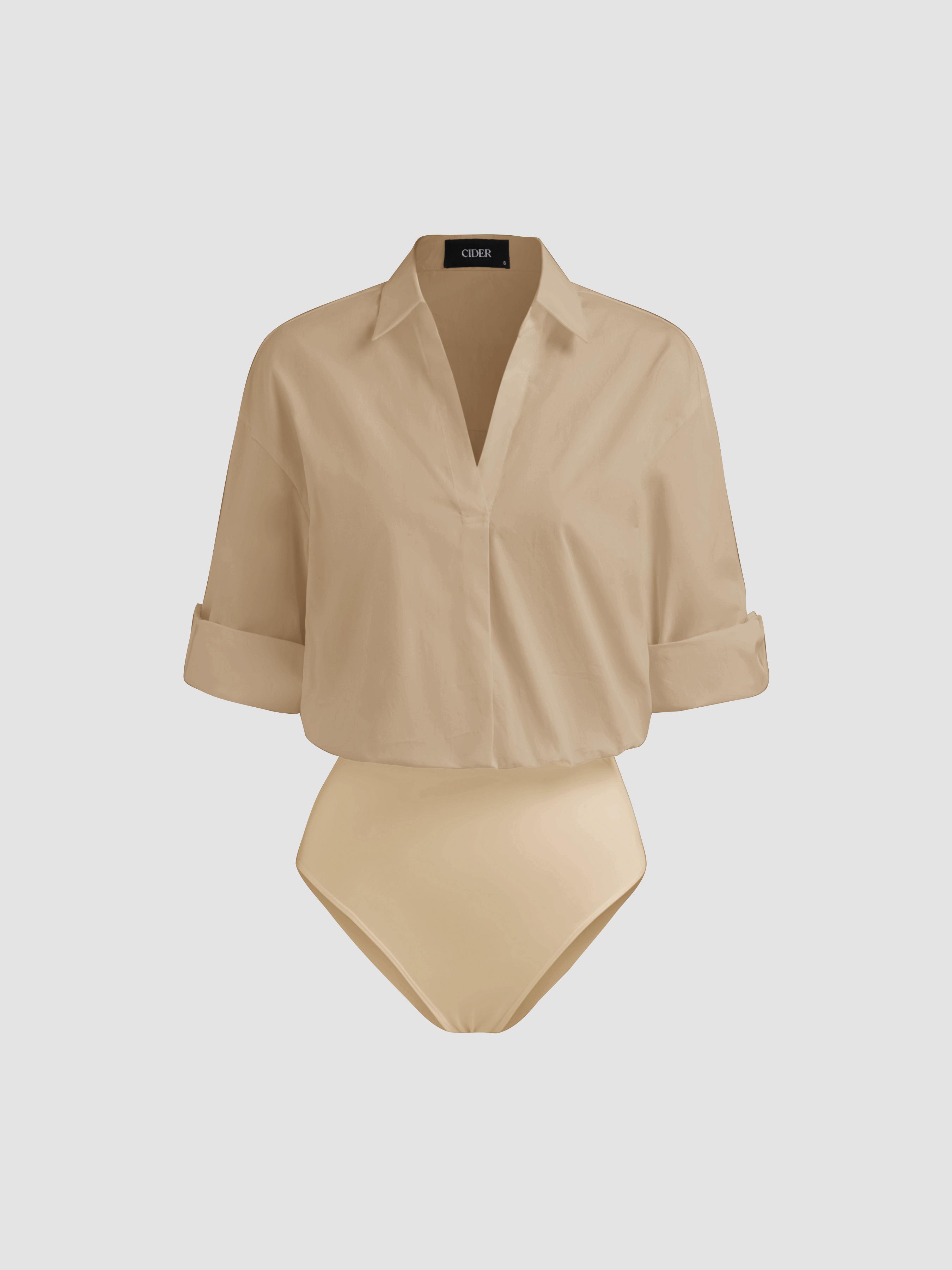 Cotton-blend Collar Roll-up Sleeve Shirt Bodysuit by CIDER