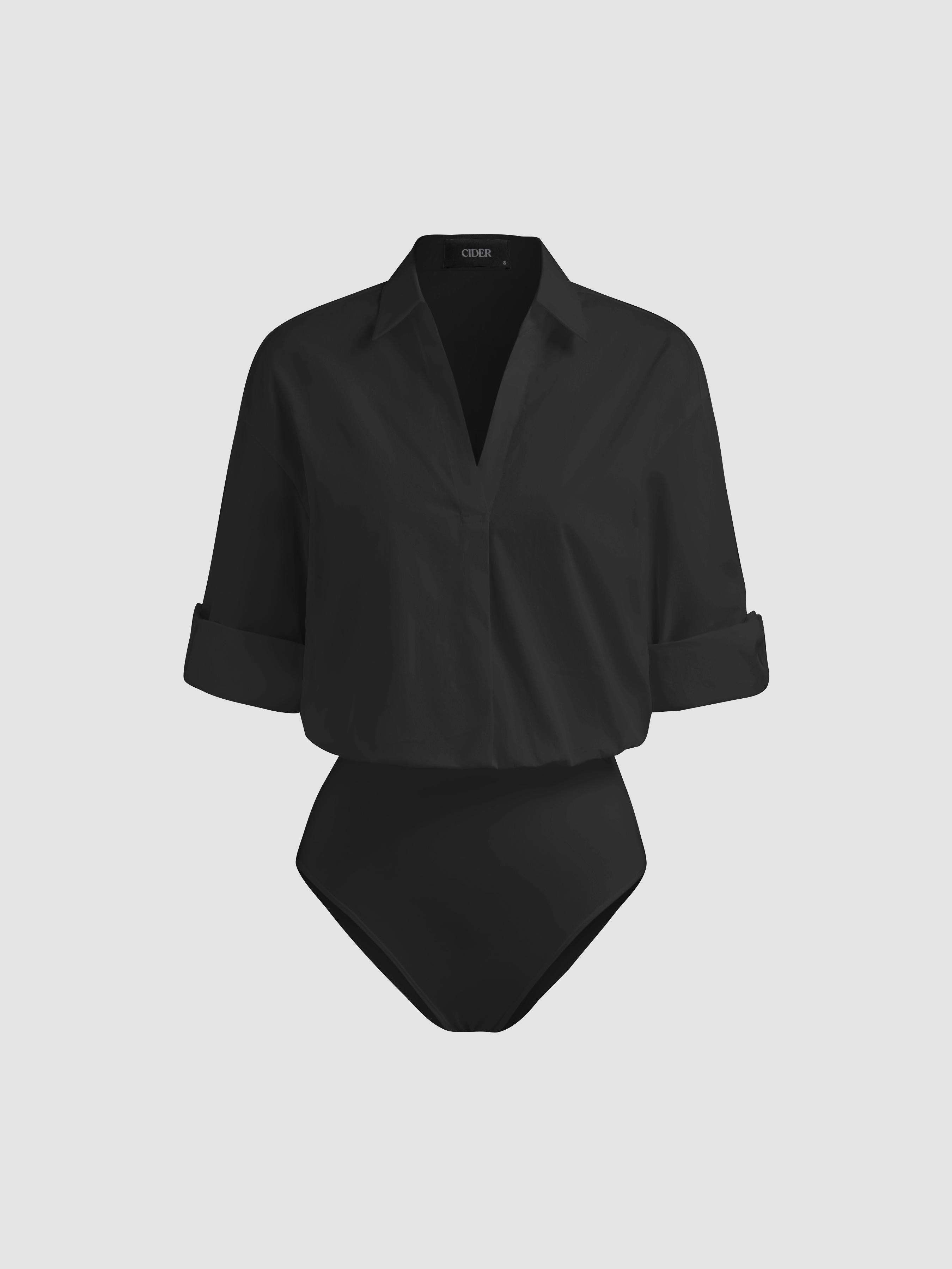 Cotton-blend Collar Roll-up Sleeve Shirt Bodysuit by CIDER