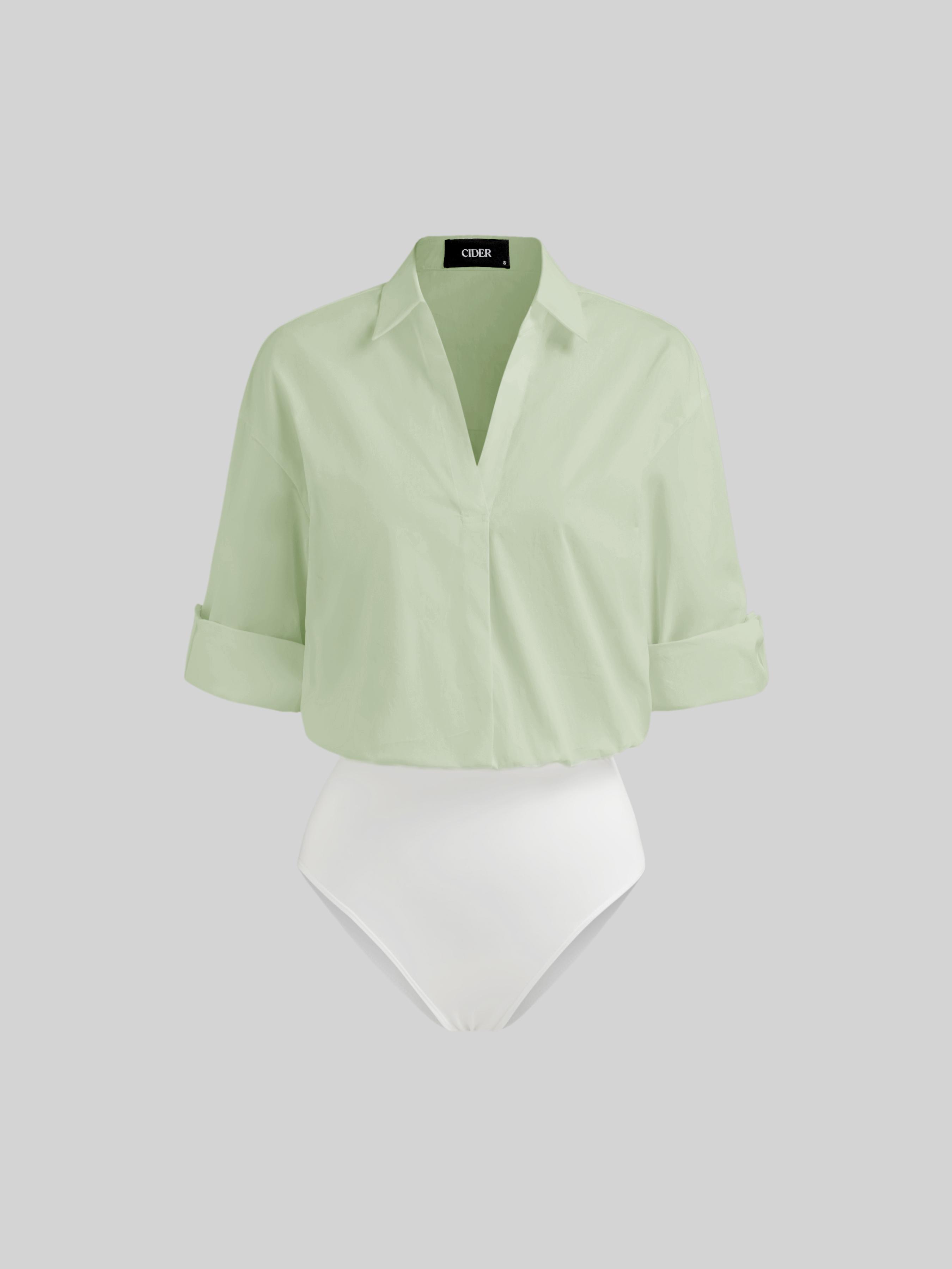 Cotton-blend Collar Roll-up Sleeve Shirt Bodysuit by CIDER