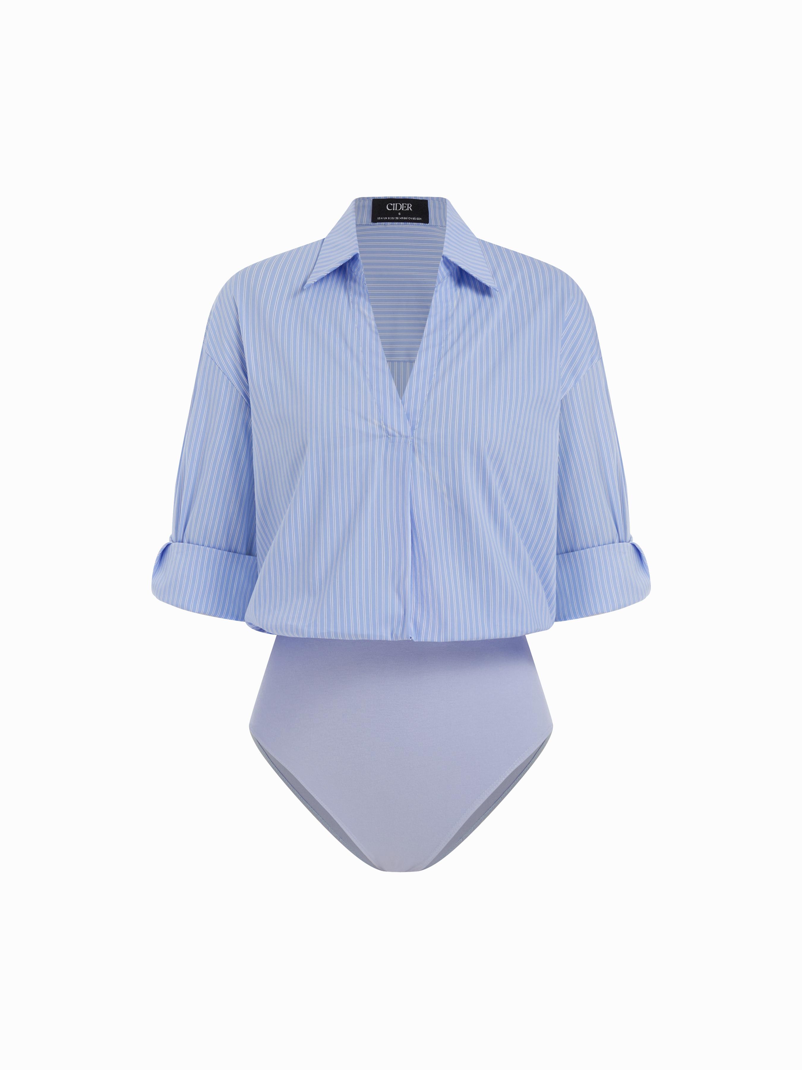 Cotton-blend Collar Roll-up Sleeve Shirt Bodysuit by CIDER
