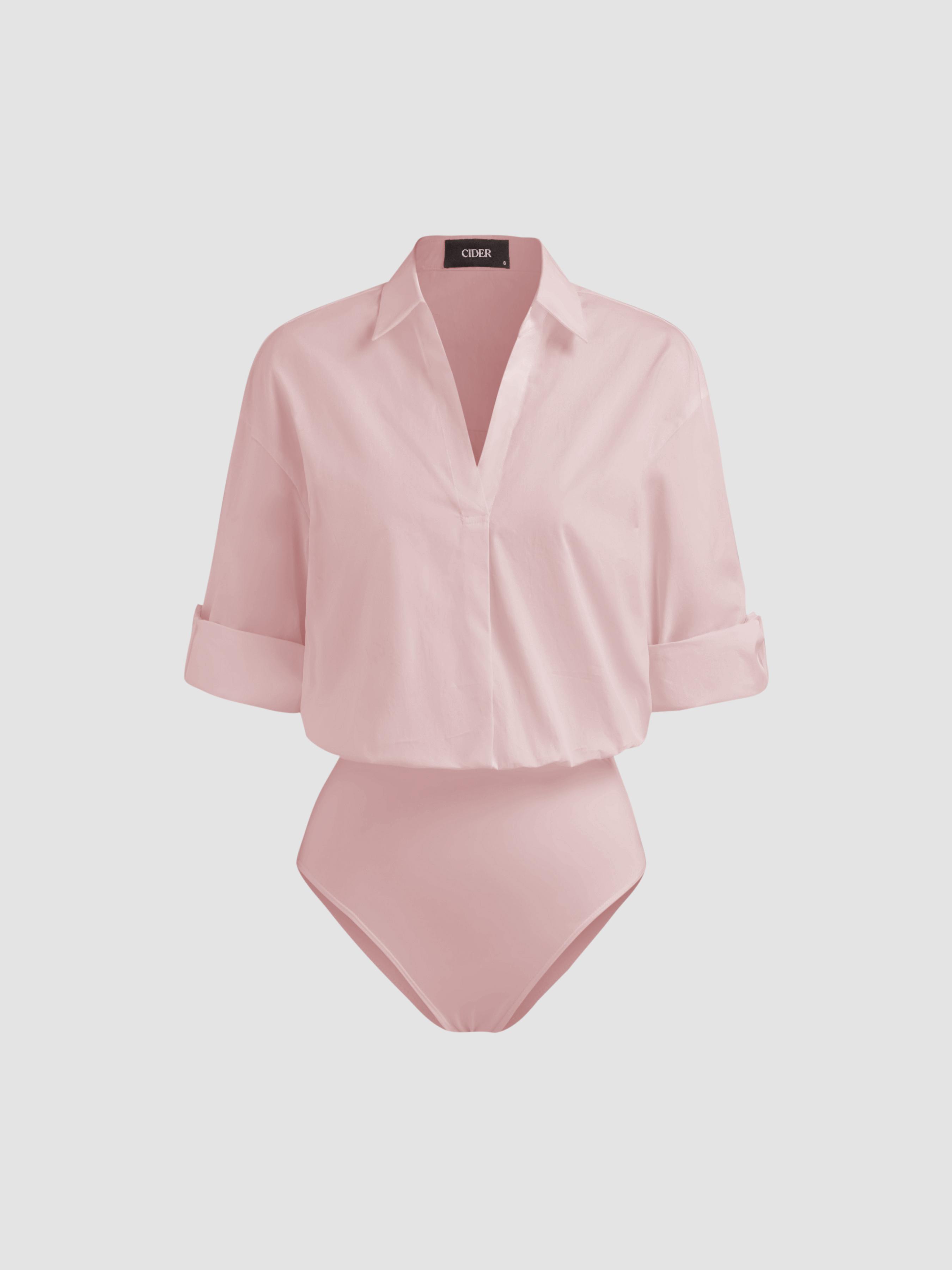 Cotton-blend Collar Roll-up Sleeve Shirt Bodysuit by CIDER