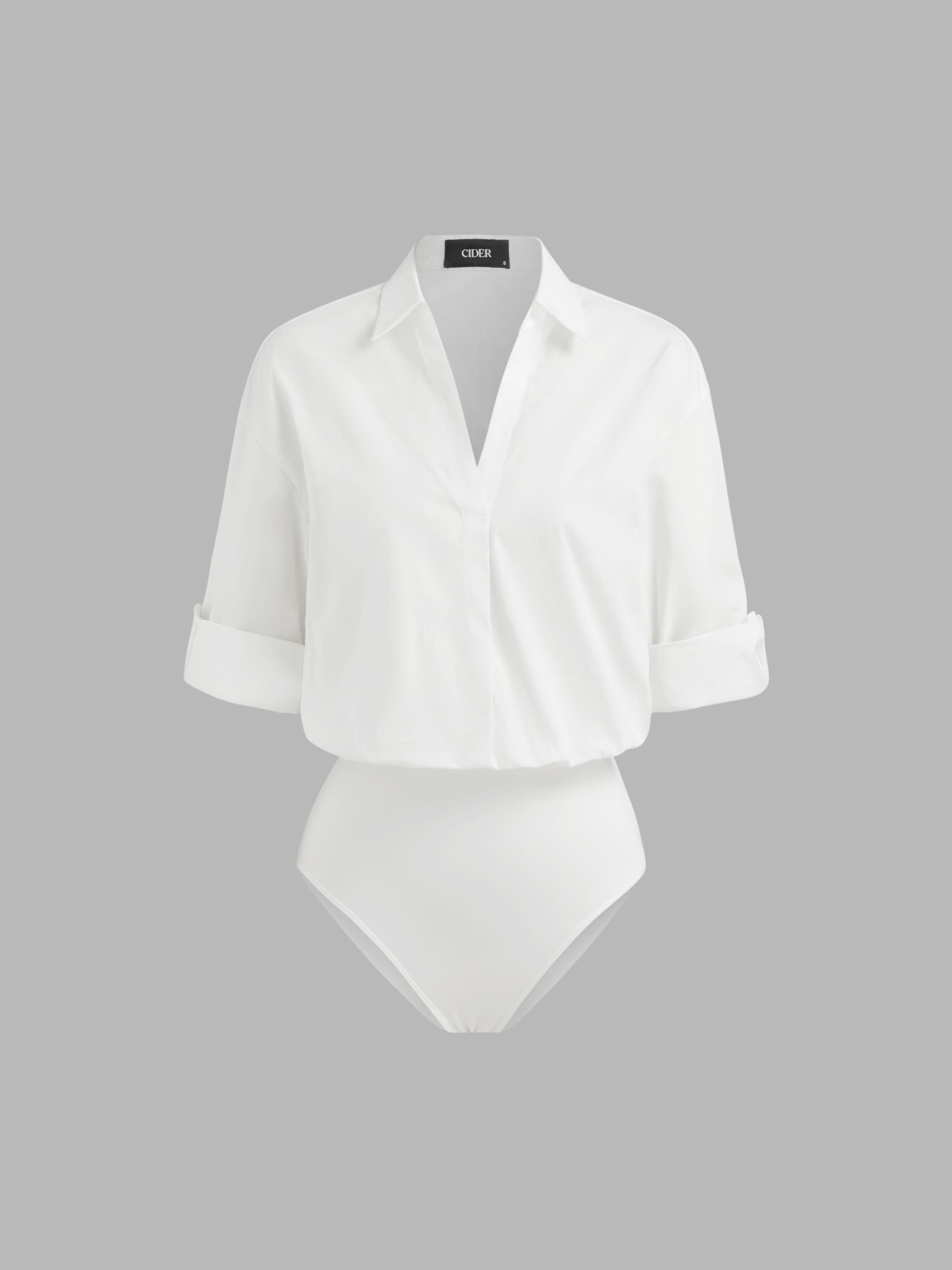 Cotton-blend Collar Roll-up Sleeve Shirt Bodysuit by CIDER
