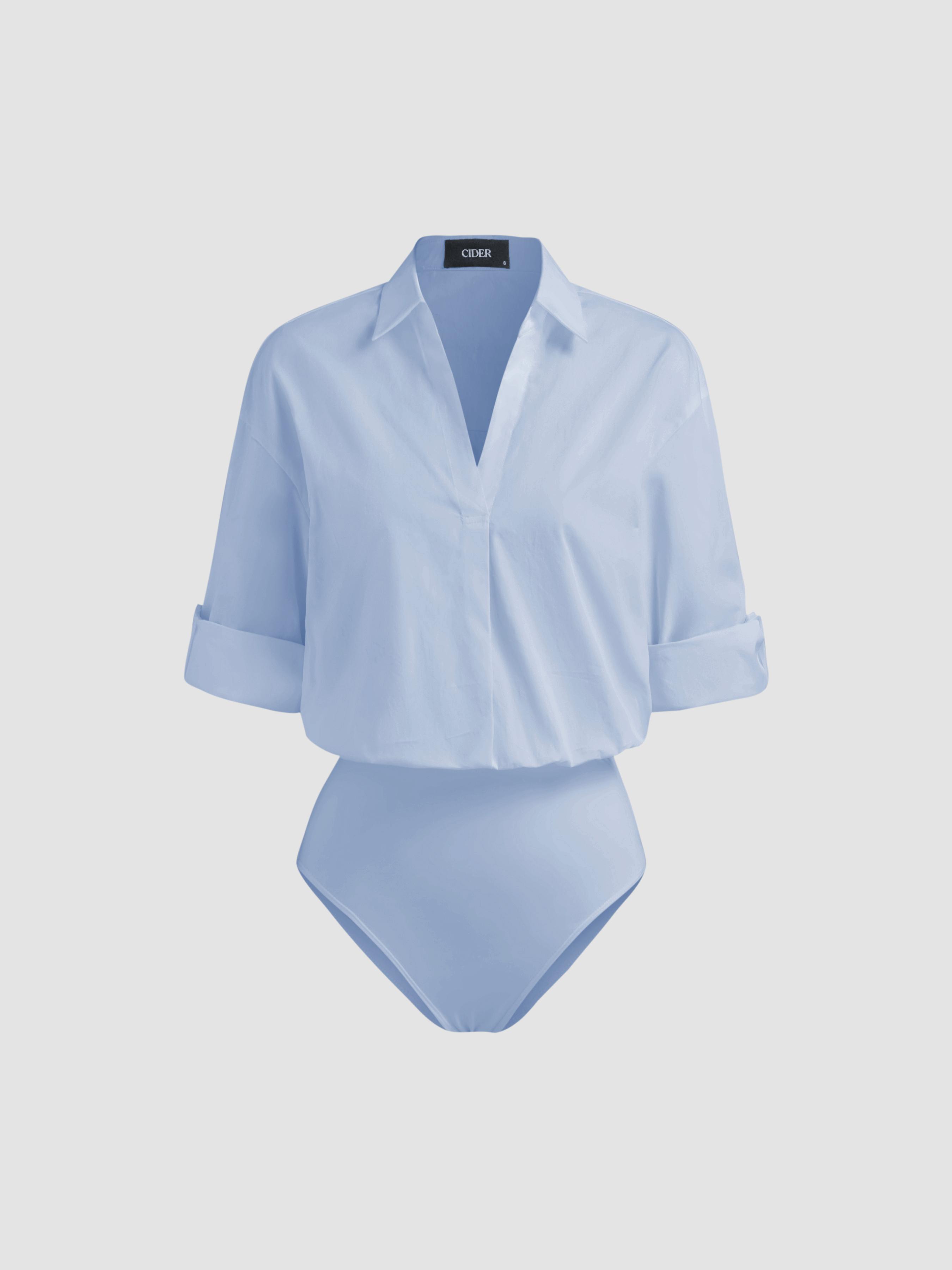 Cotton-blend Collar Roll-up Sleeve Shirt Bodysuit by CIDER