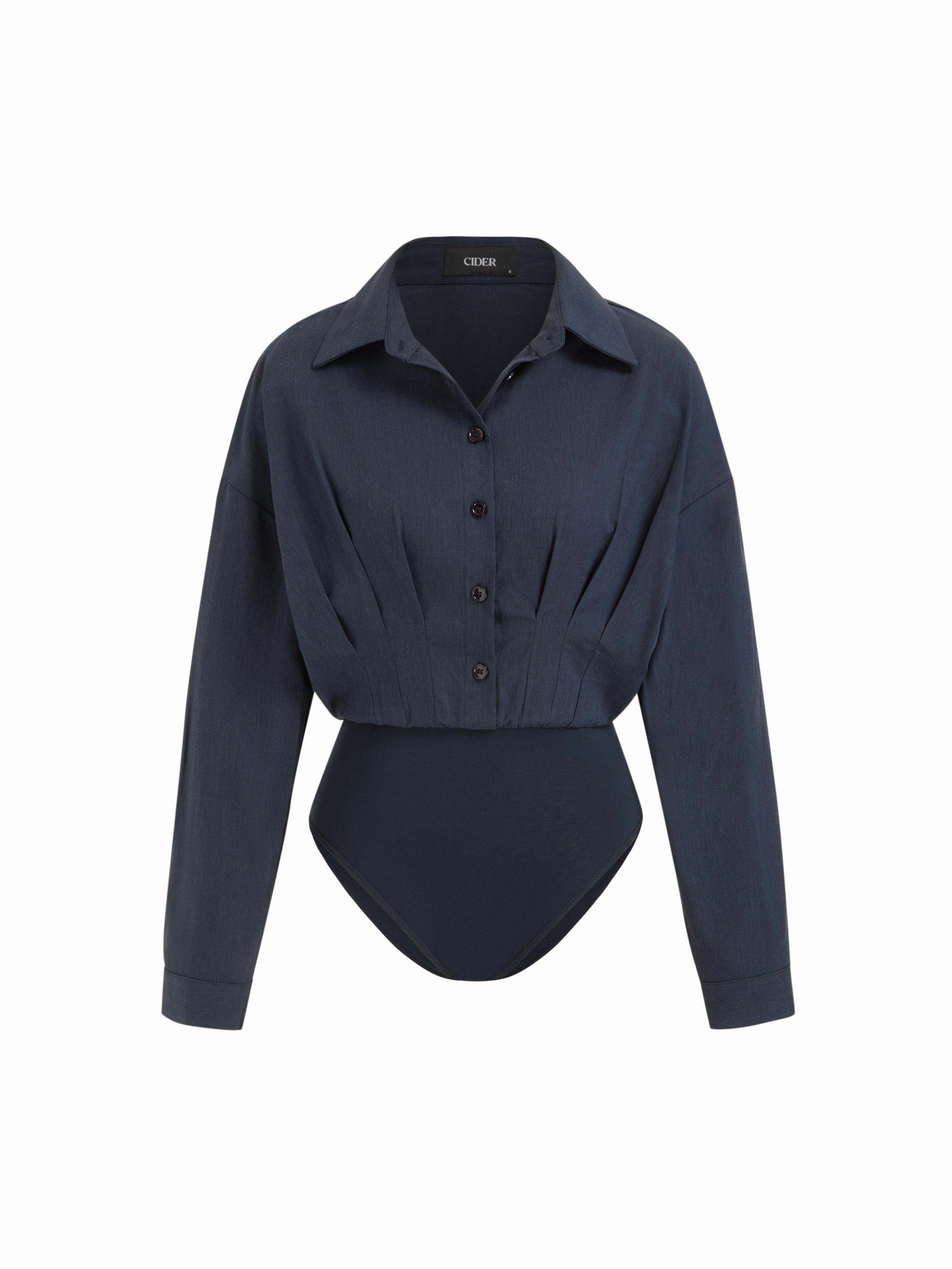 Cotton-blend Collar Ruched Long Sleeve Bodysuit by CIDER