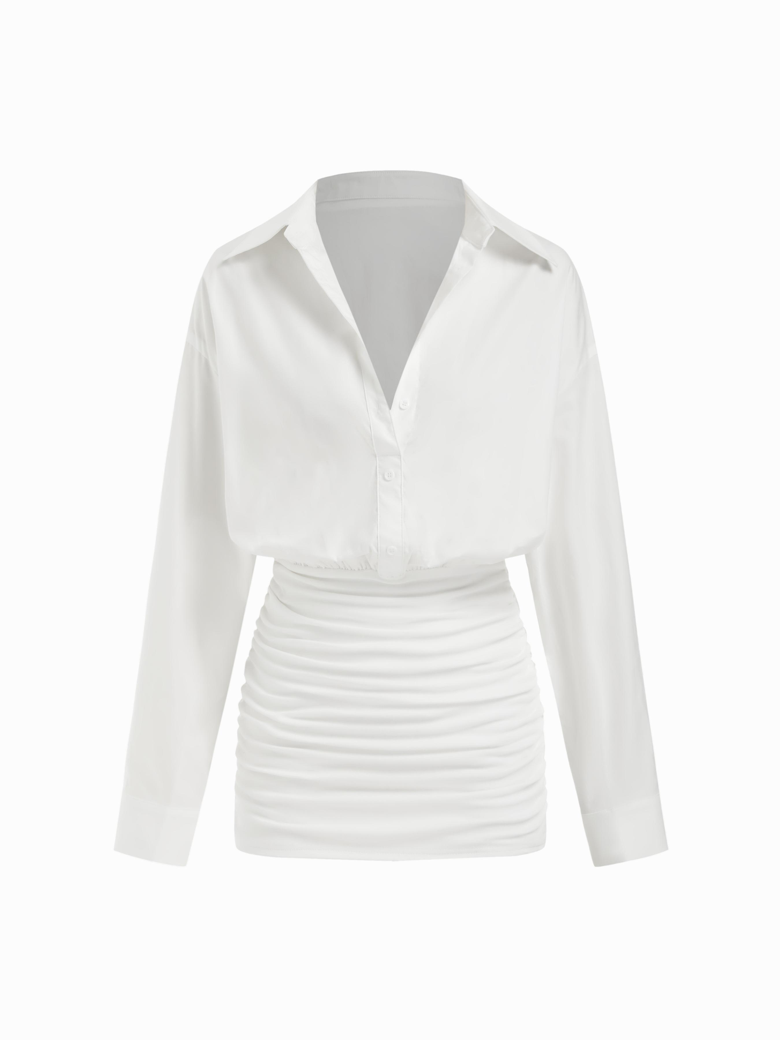 Cotton-blend Collar Ruched Long Sleeve Mini Dress by CIDER