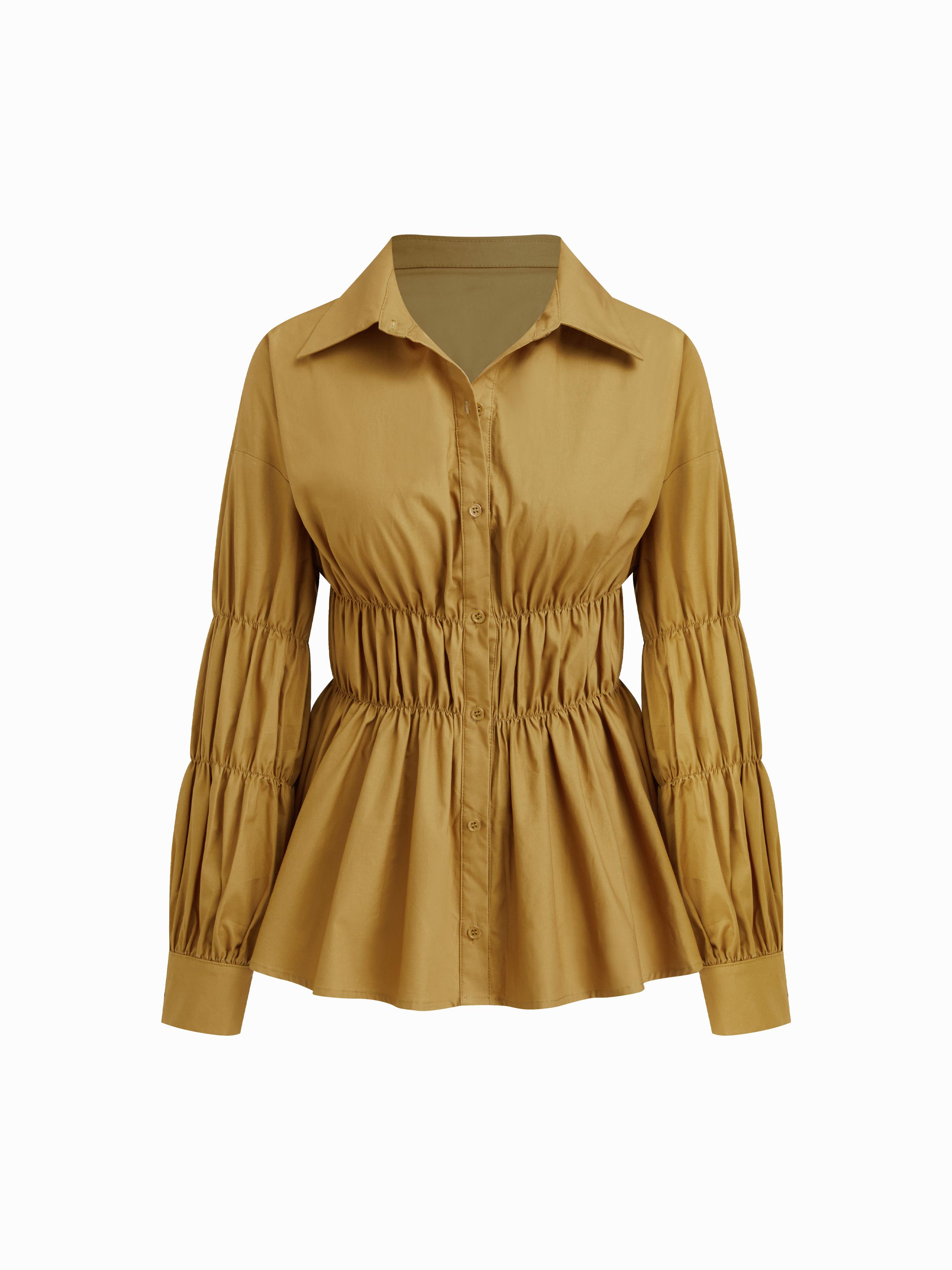 Cotton-blend Collar Shirred Ruffle Hem Shirt by CIDER
