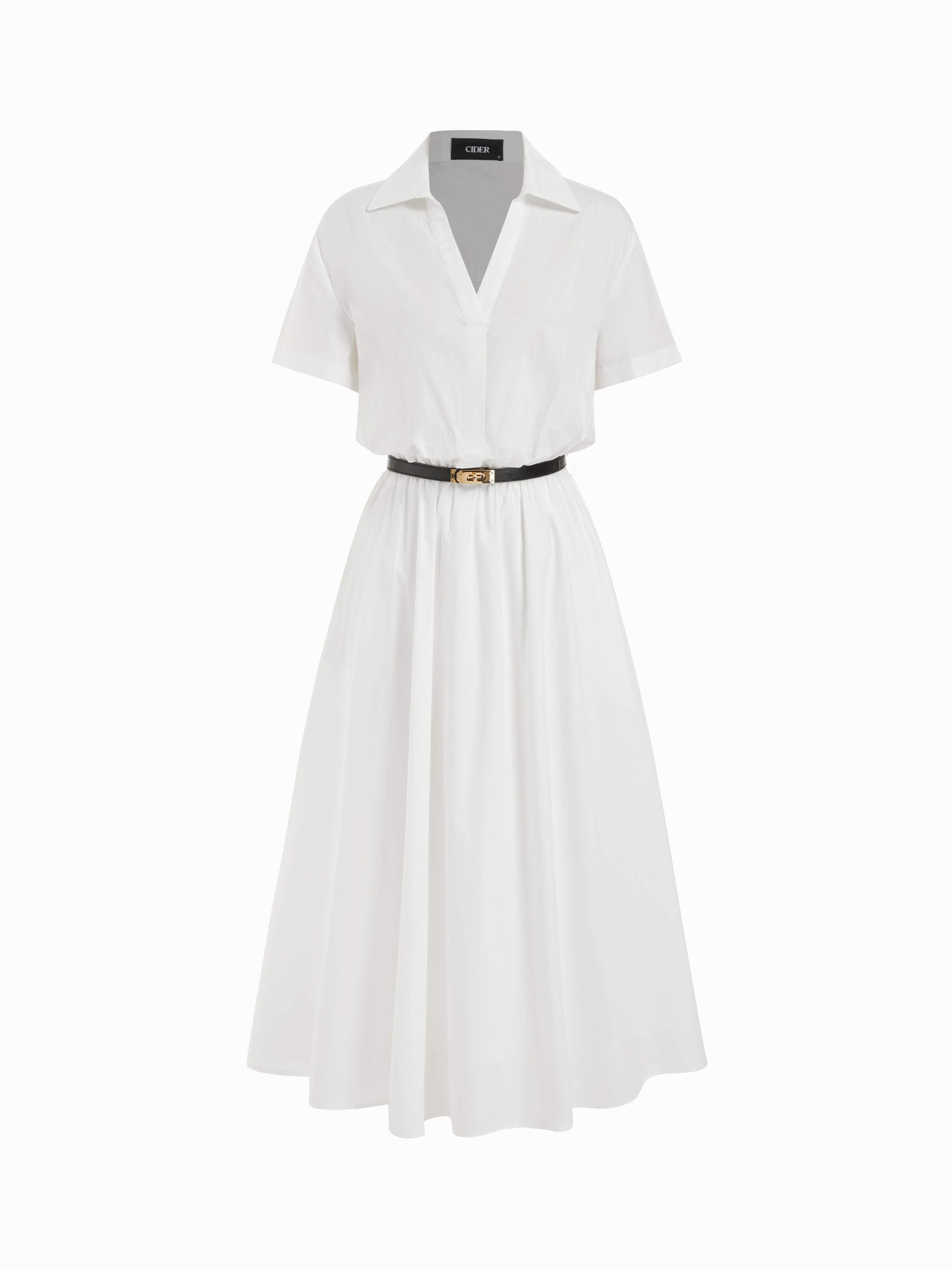 Cotton-blend Collar Shirt Maxi Dress With Metal Detail Belt by CIDER