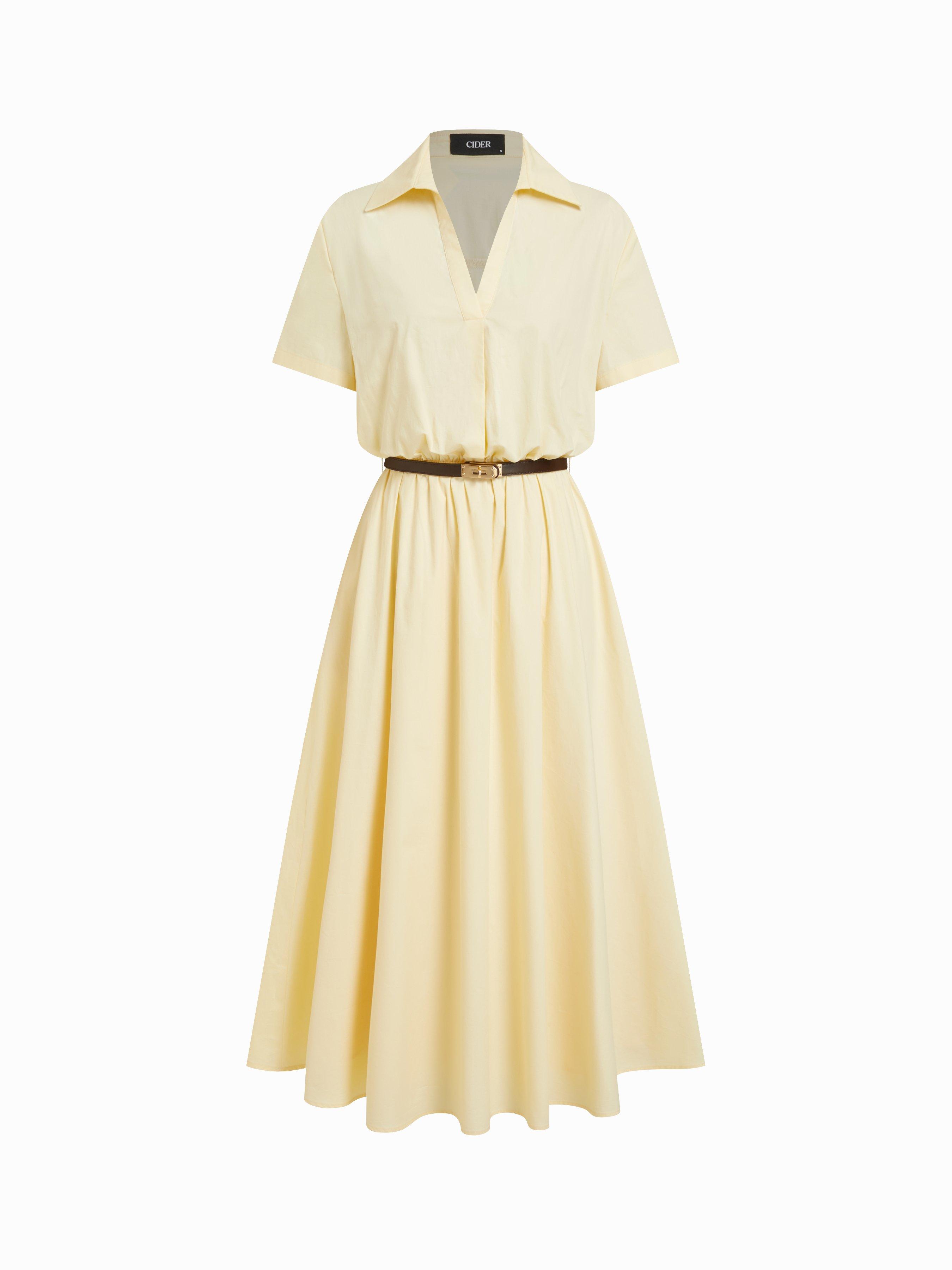 Cotton-blend Collar Shirt Maxi Dress With Metal Detail Belt by CIDER