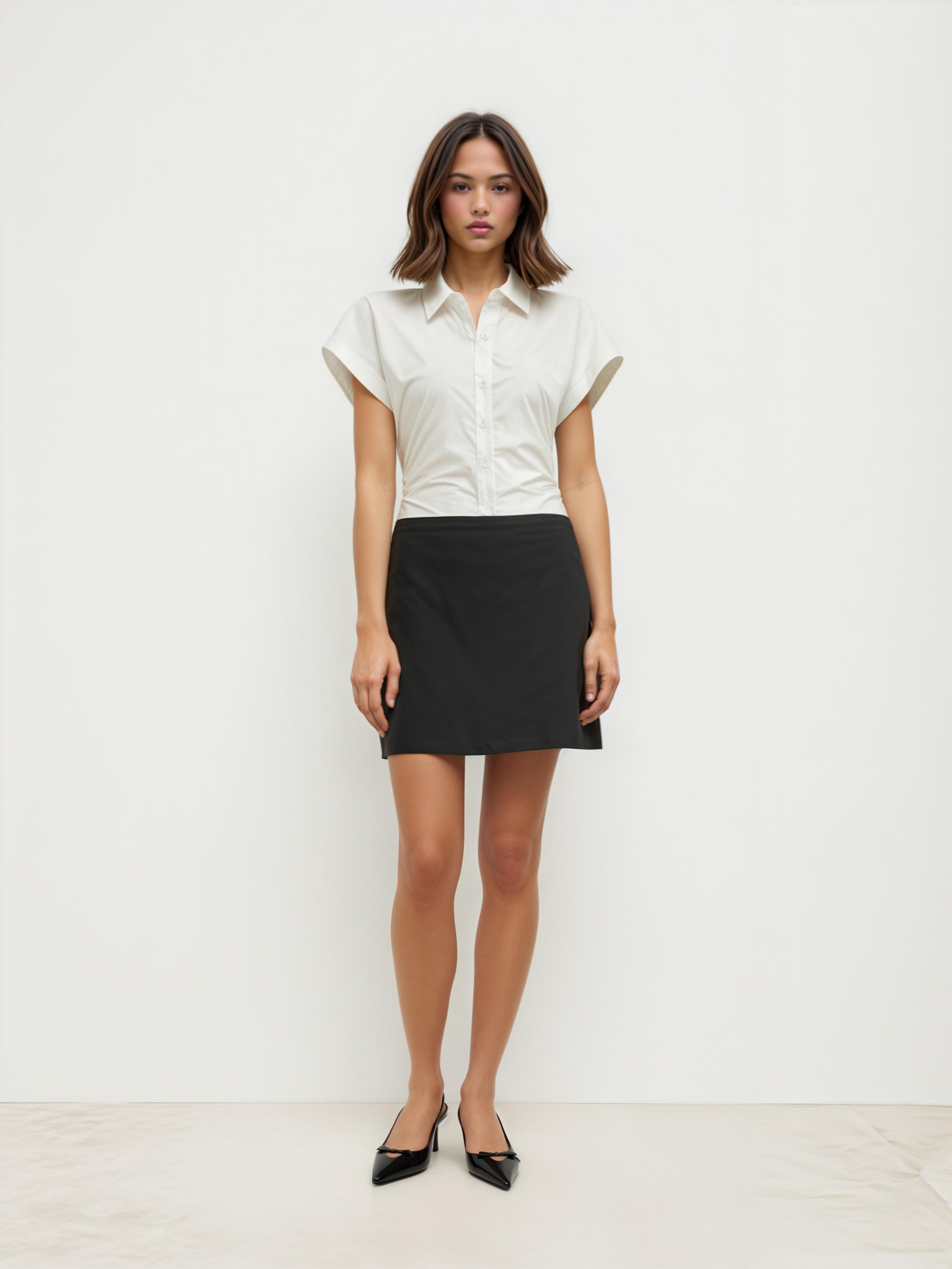 Cotton-blend Collar Short Sleeve Ruched Shirt by CIDER