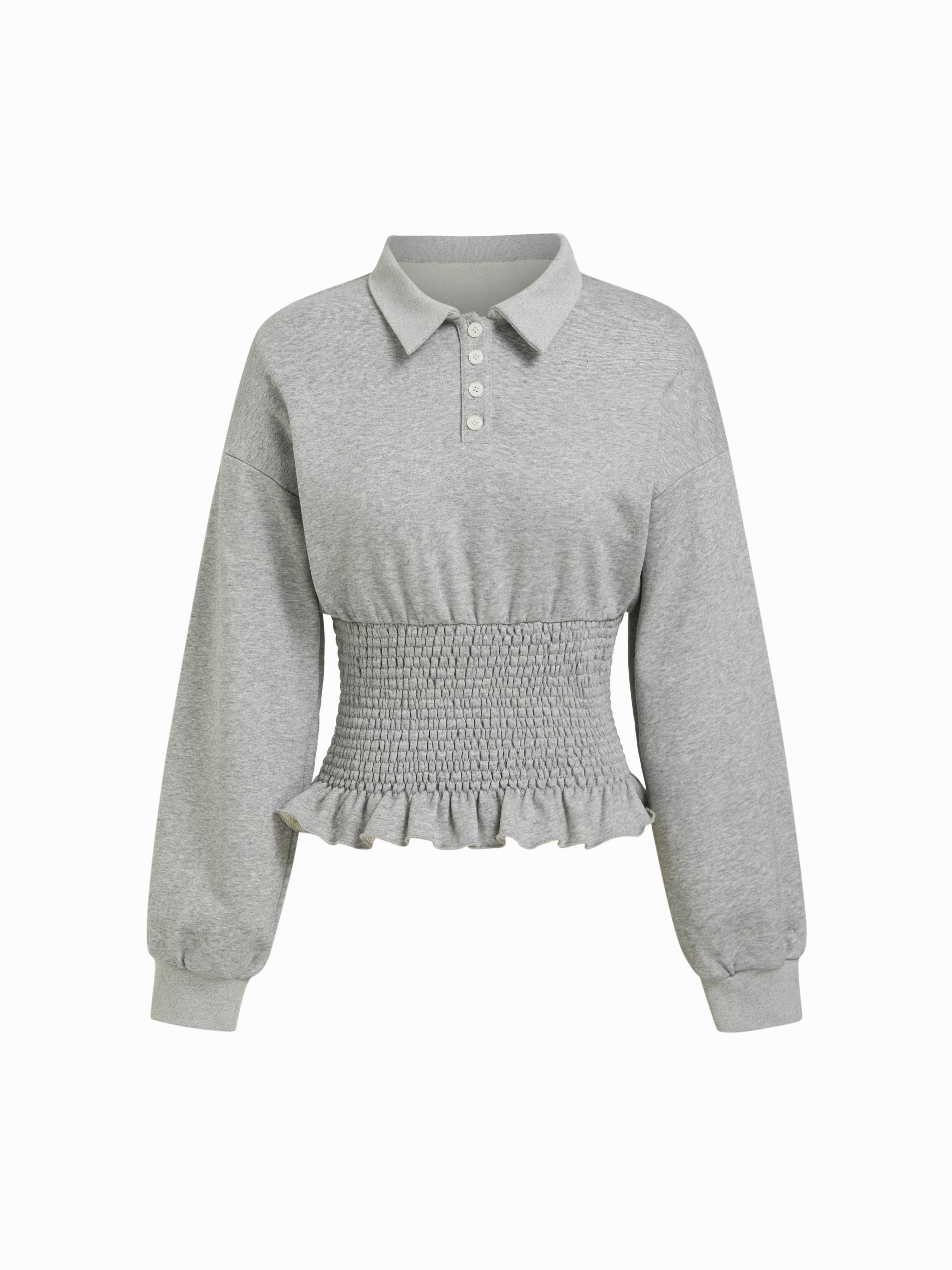 Cotton-blend Collar Smocking Ruffled Hem Sweatshirt by CIDER
