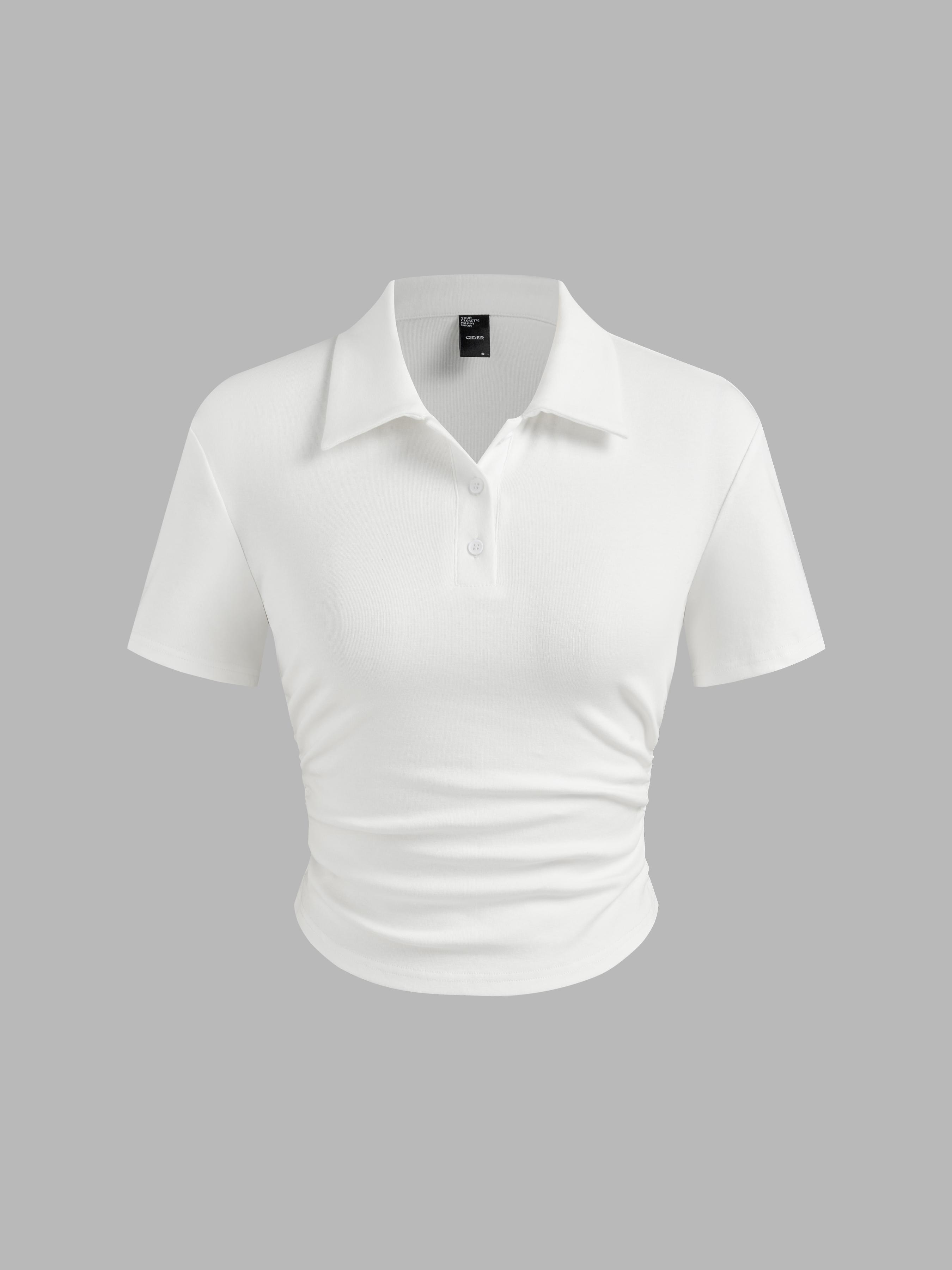Cotton-blend Collar Solid Ruched Button Short Sleeve Top by CIDER