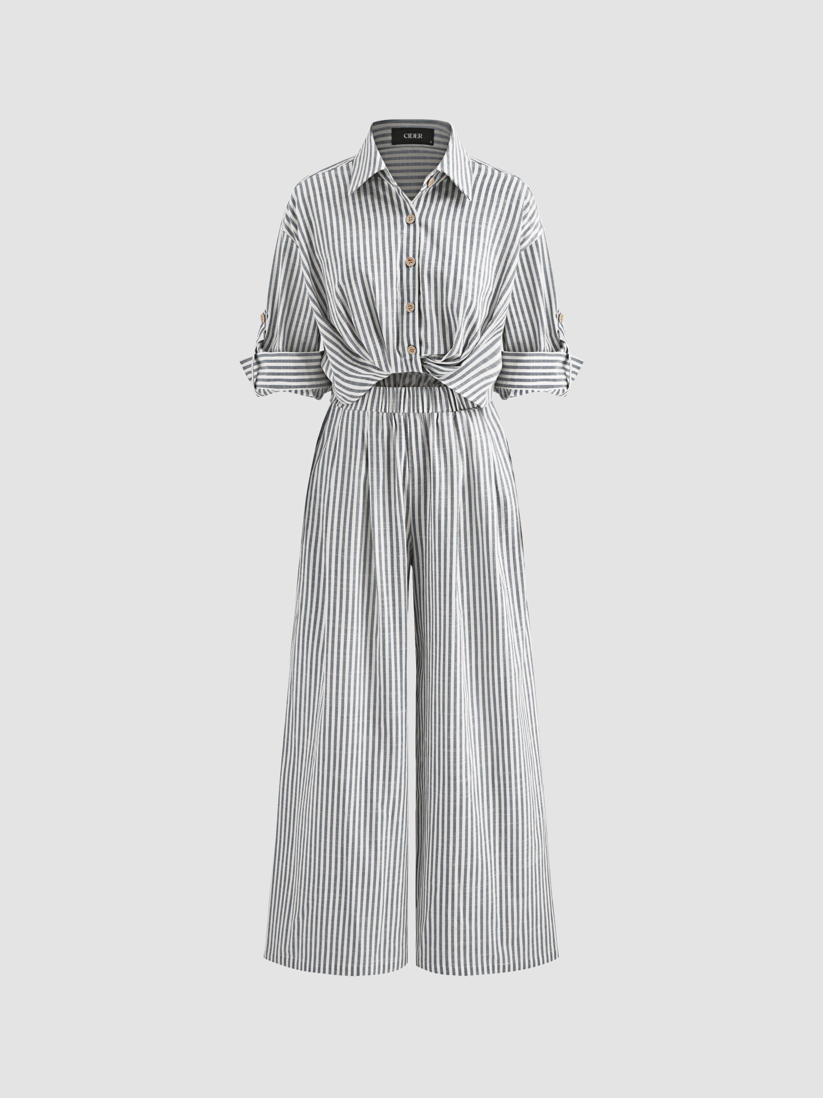 Cotton-blend Collar Solid Striped Knotted Roll-up Sleeve Jumpsuit by CIDER