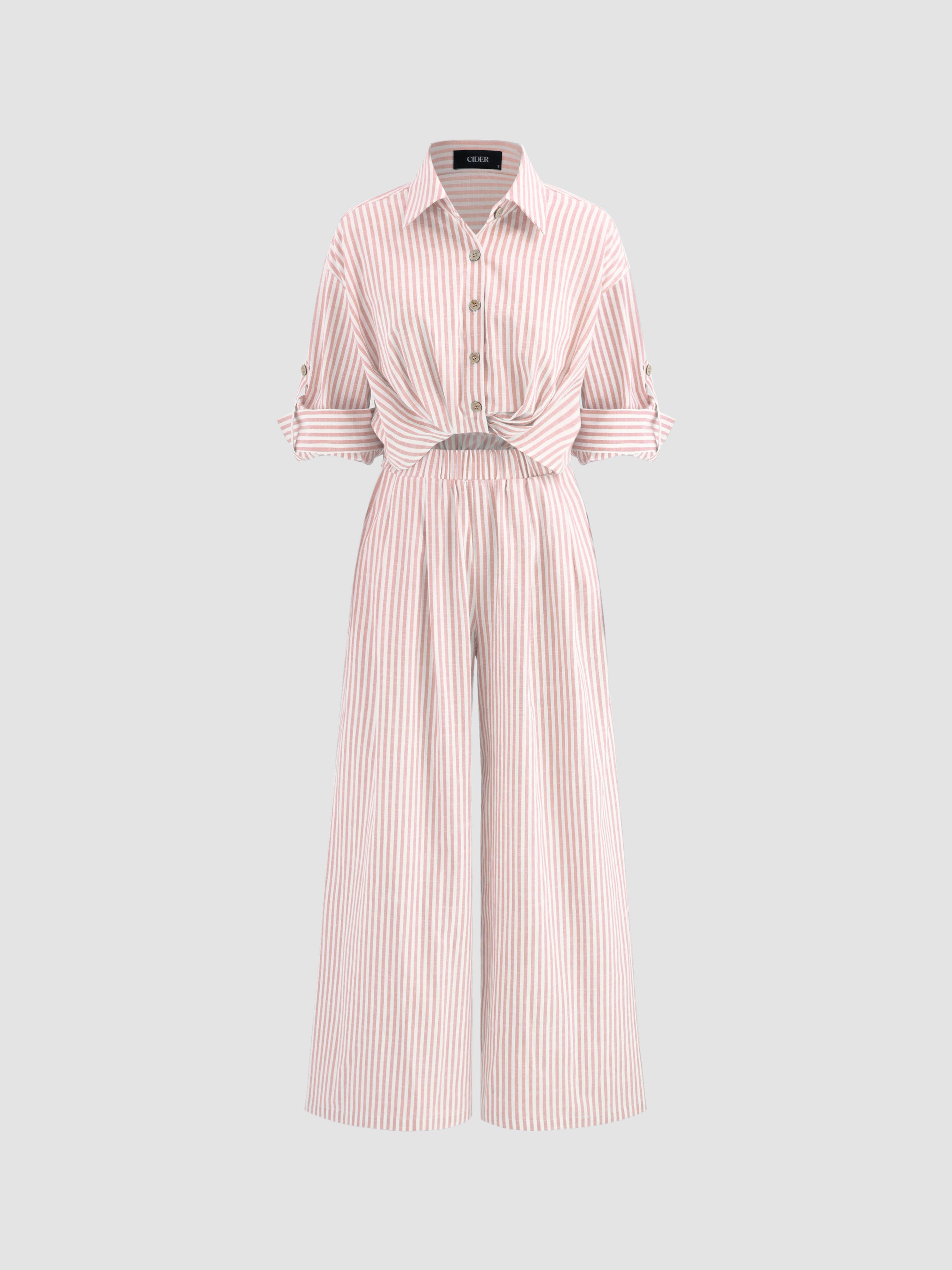 Cotton-blend Collar Solid Striped Knotted Roll-up Sleeve Jumpsuit by CIDER