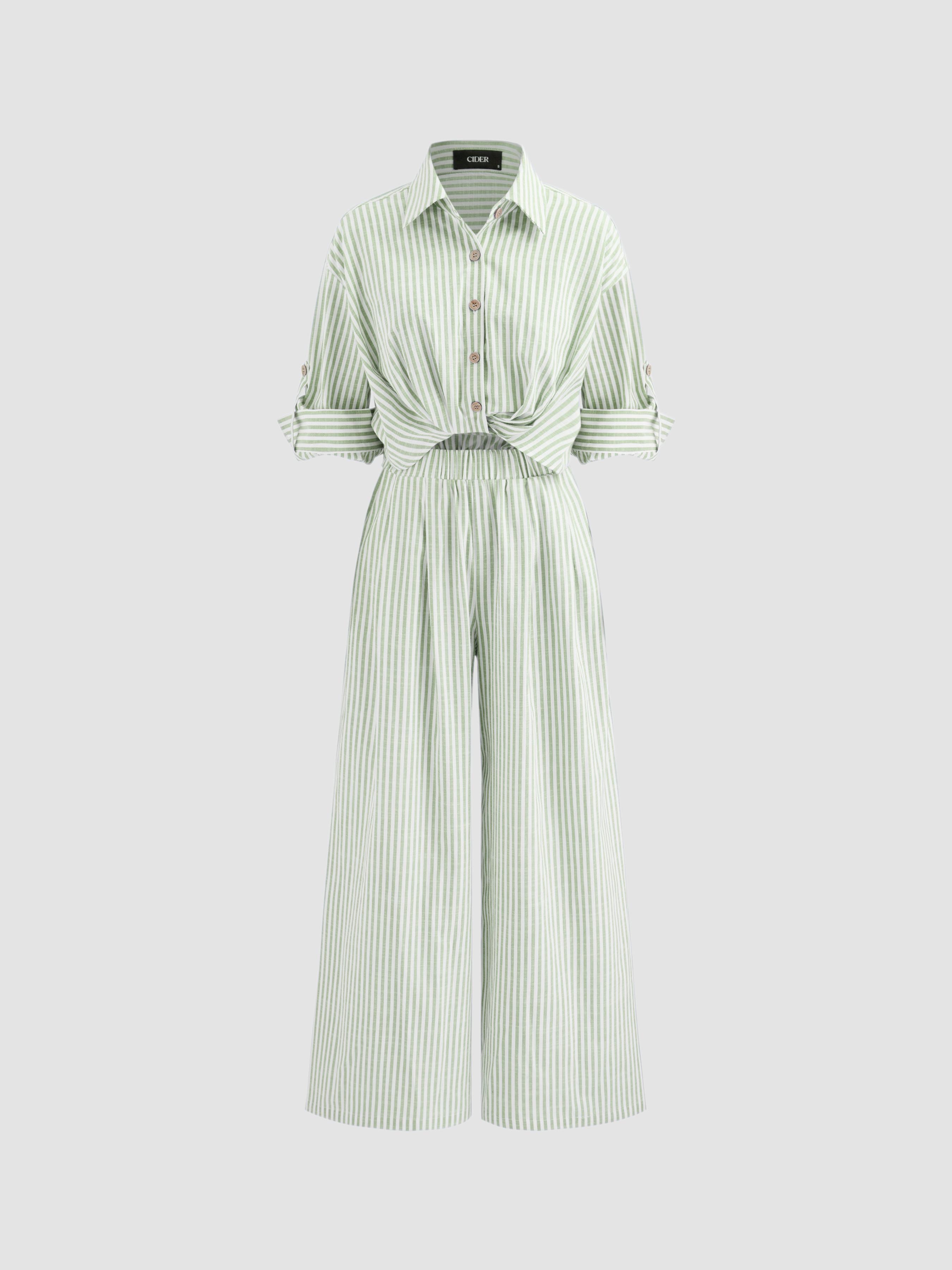 Cotton-blend Collar Solid Striped Knotted Roll-up Sleeve Jumpsuit by CIDER