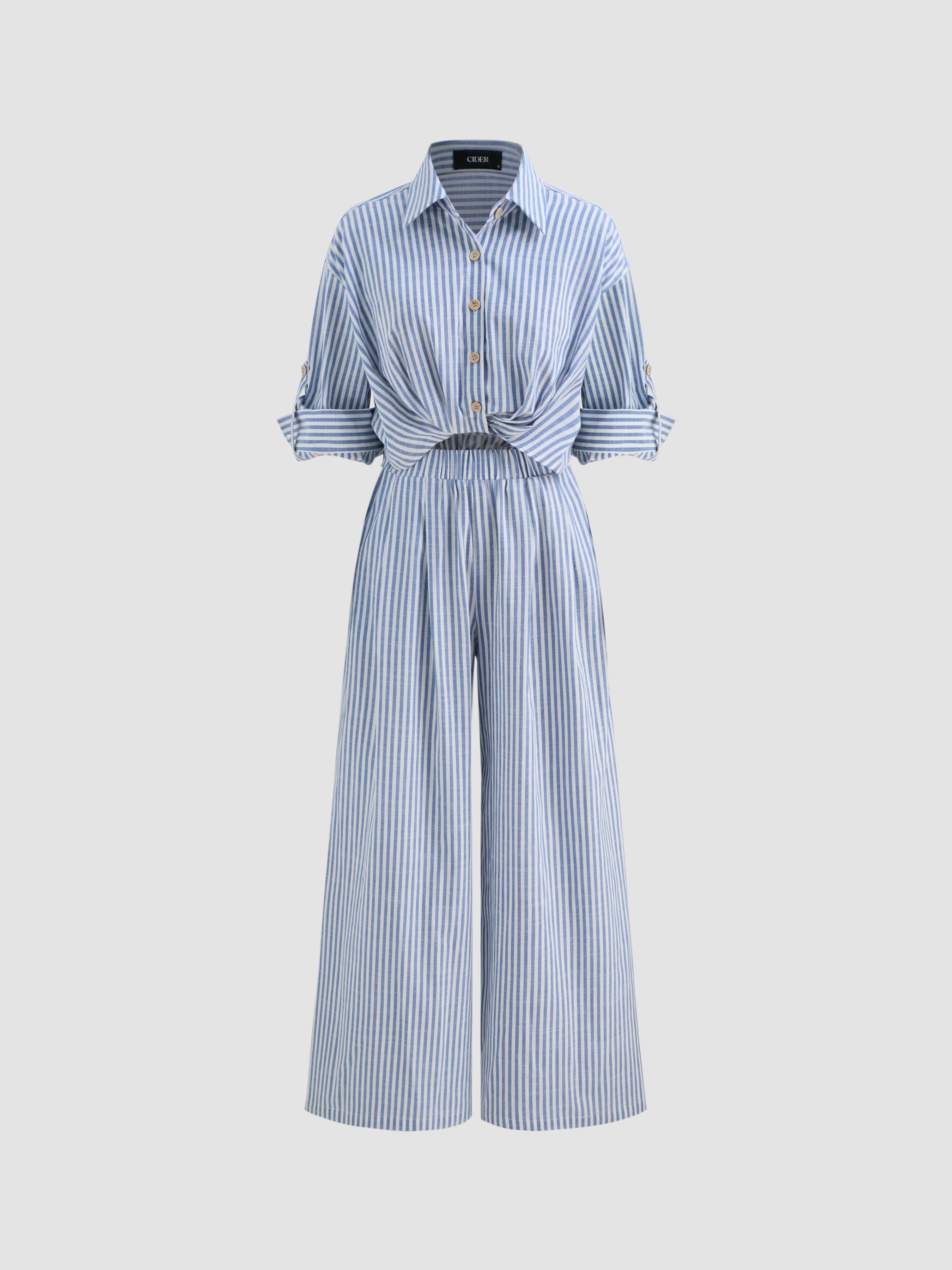 Cotton-blend Collar Solid Striped Knotted Roll-up Sleeve Jumpsuit by CIDER