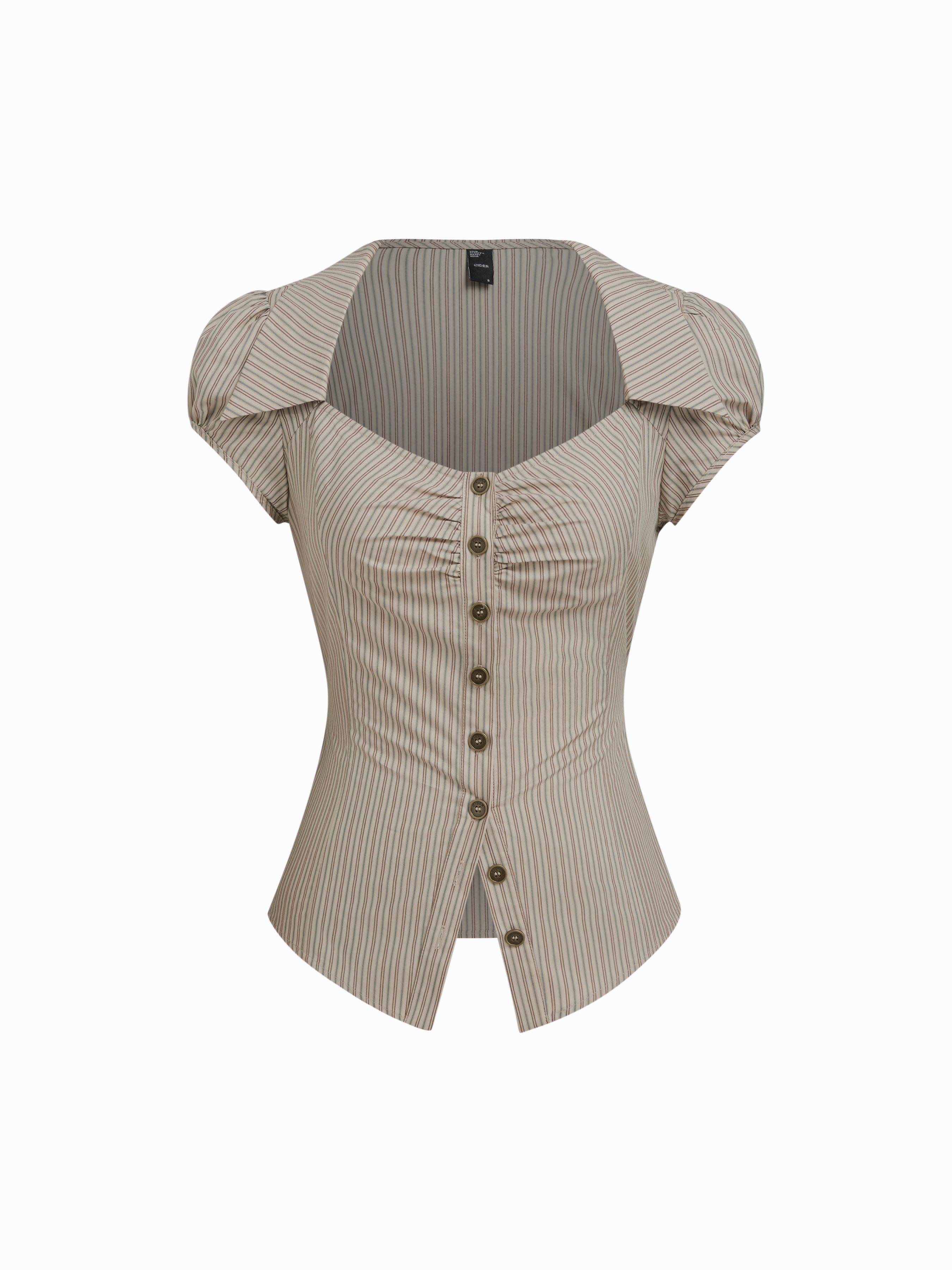 Cotton-blend Collar Stripe Belted Short Sleeve Blouse by CIDER