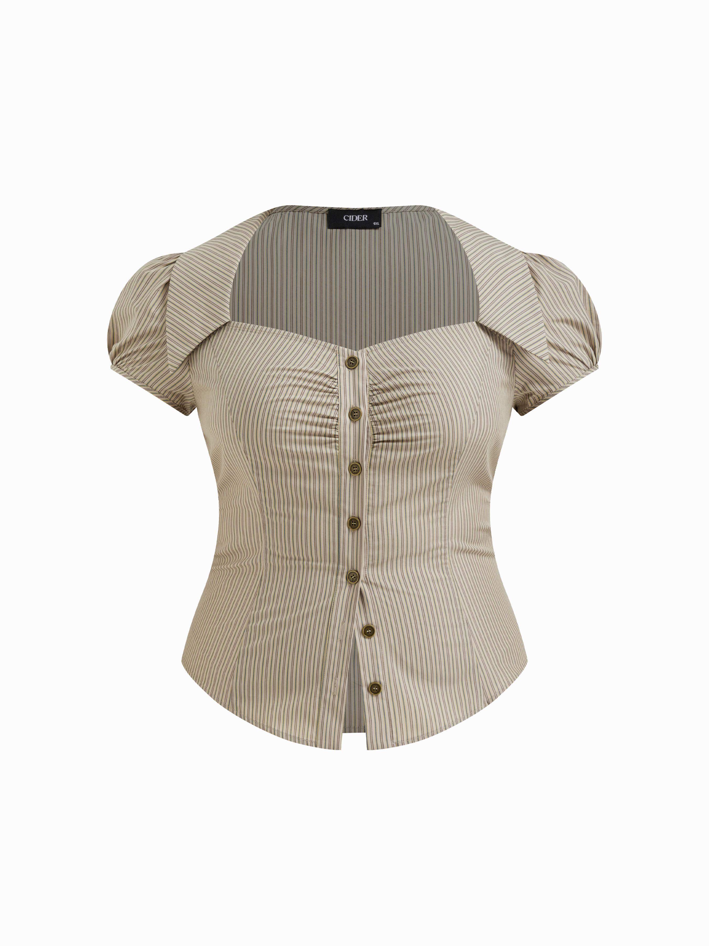 Cotton-blend Collar Stripe Belted Short Sleeve Blouse Curve & Plus by CIDER