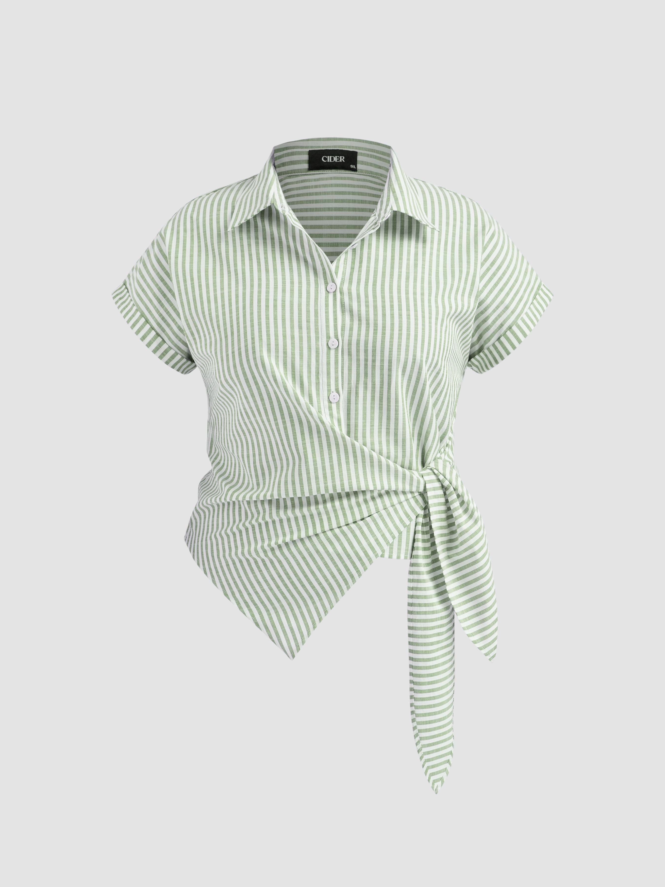 Cotton-blend Collar Stripe Knotted Short Sleeve Shirt Curve & Plus by CIDER