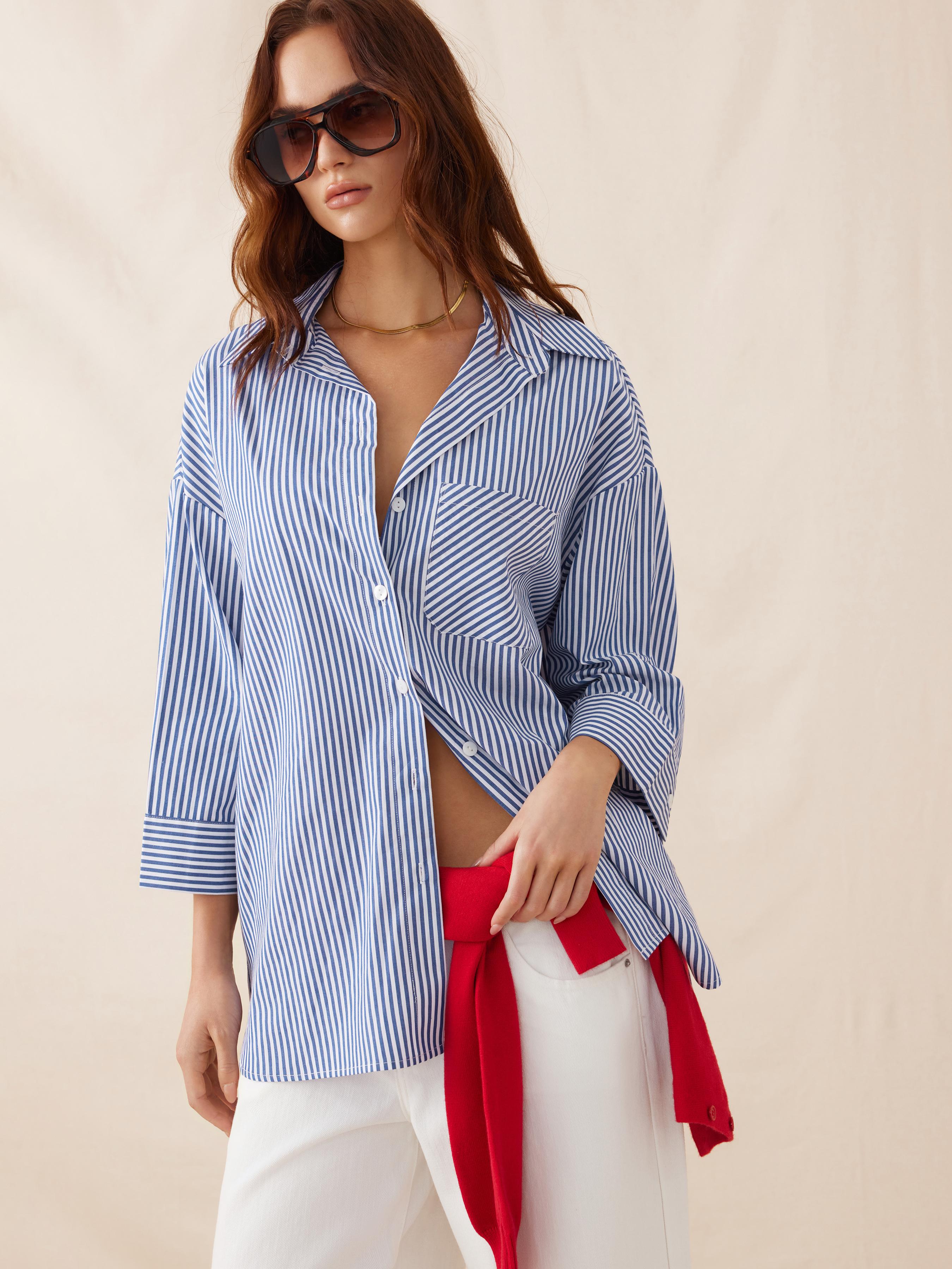 Cotton-blend Collar Stripe Middle Sleeve Shirt by CIDER