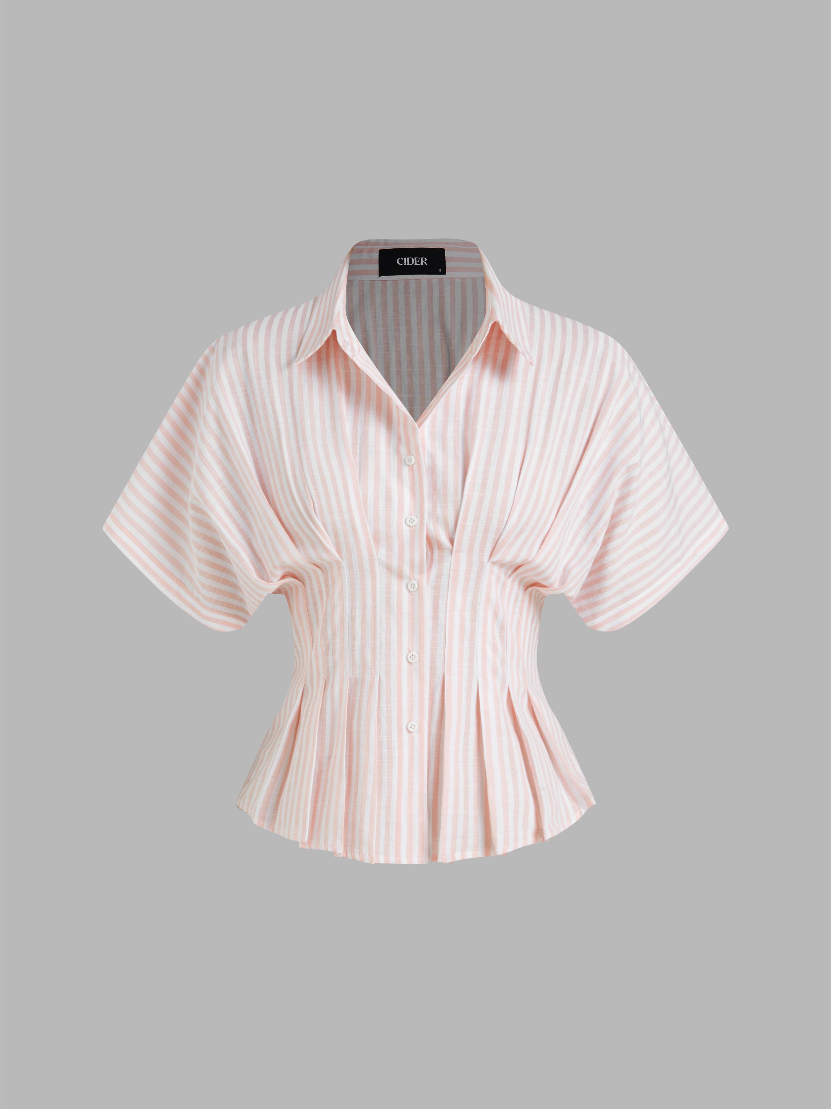 Cotton-blend Collar Stripe Pleated Cinched Waist Shirt by CIDER