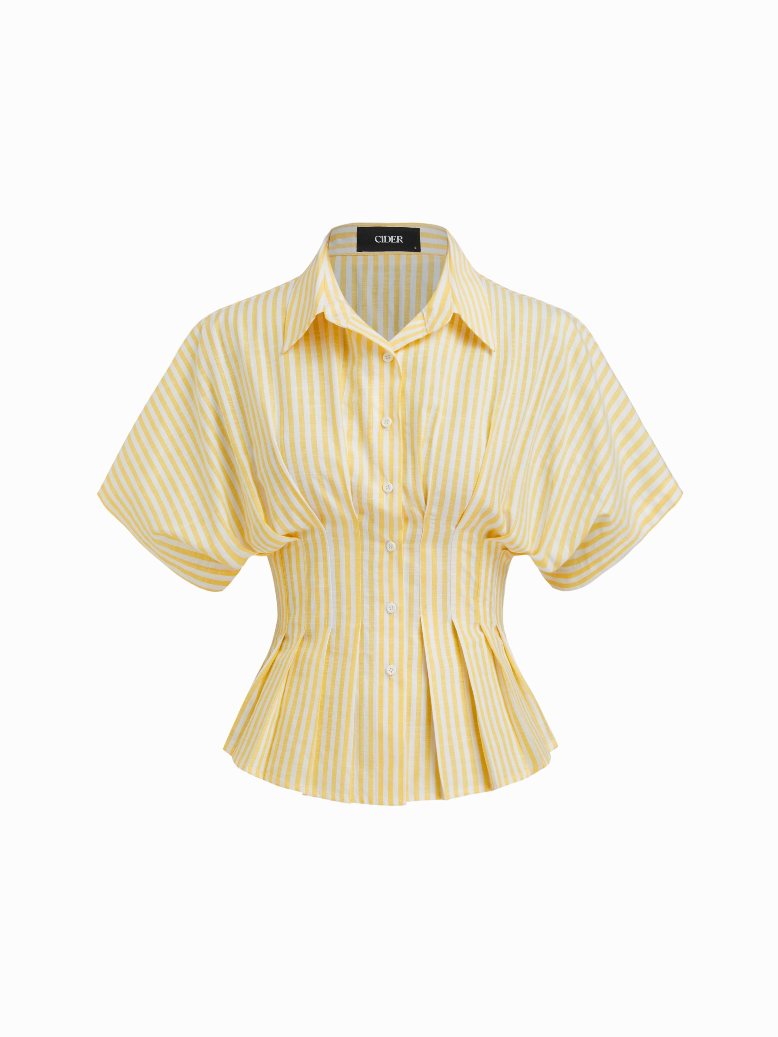 Cotton-blend Collar Stripe Pleated Cinched Waist Shirt by CIDER Cotton-blend Collar Stripe Pleated Cinched Waist Shirt by CIDER