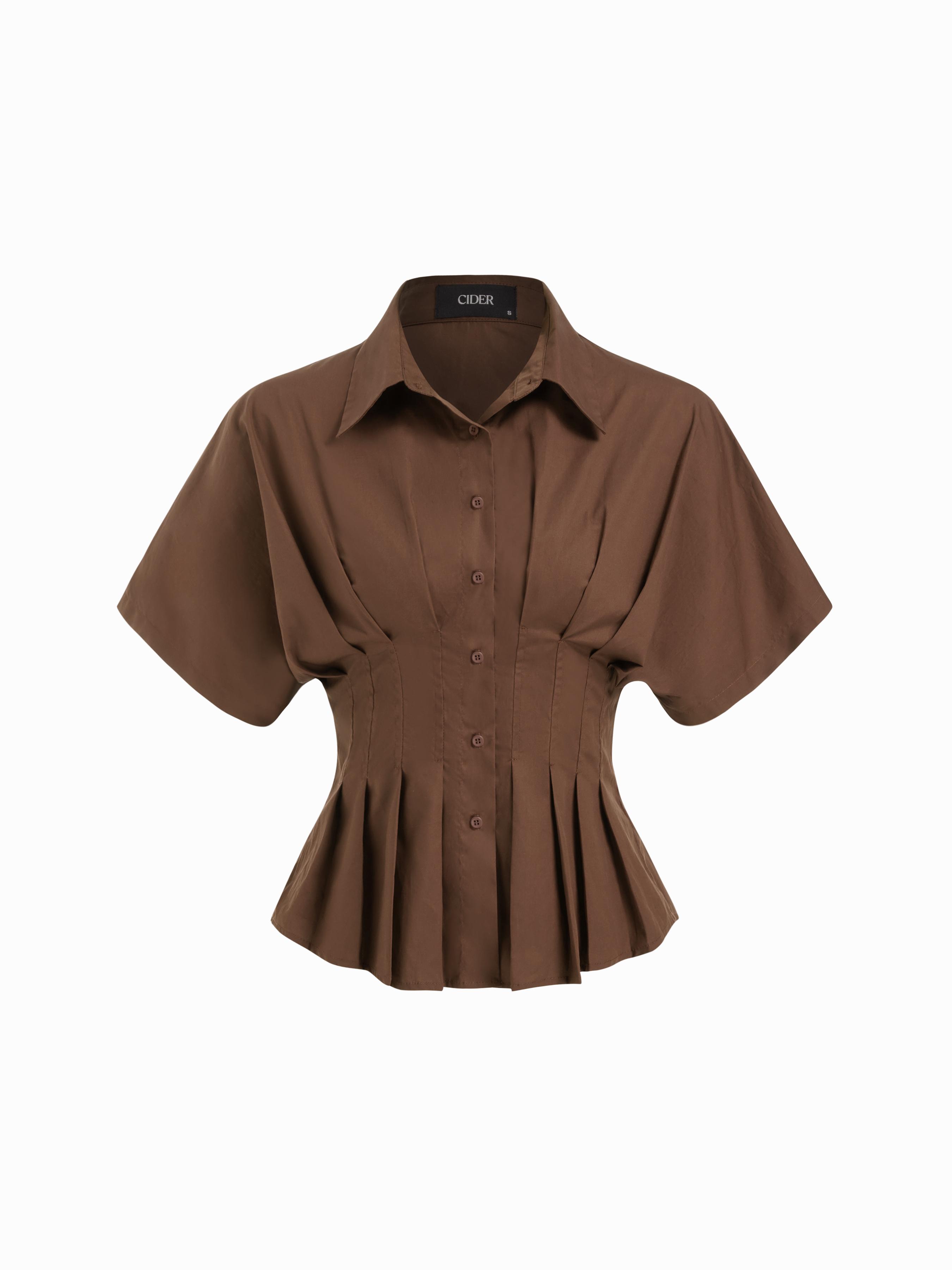 Cotton-blend Collar Stripe Pleated Cinched Waist Shirt by CIDER