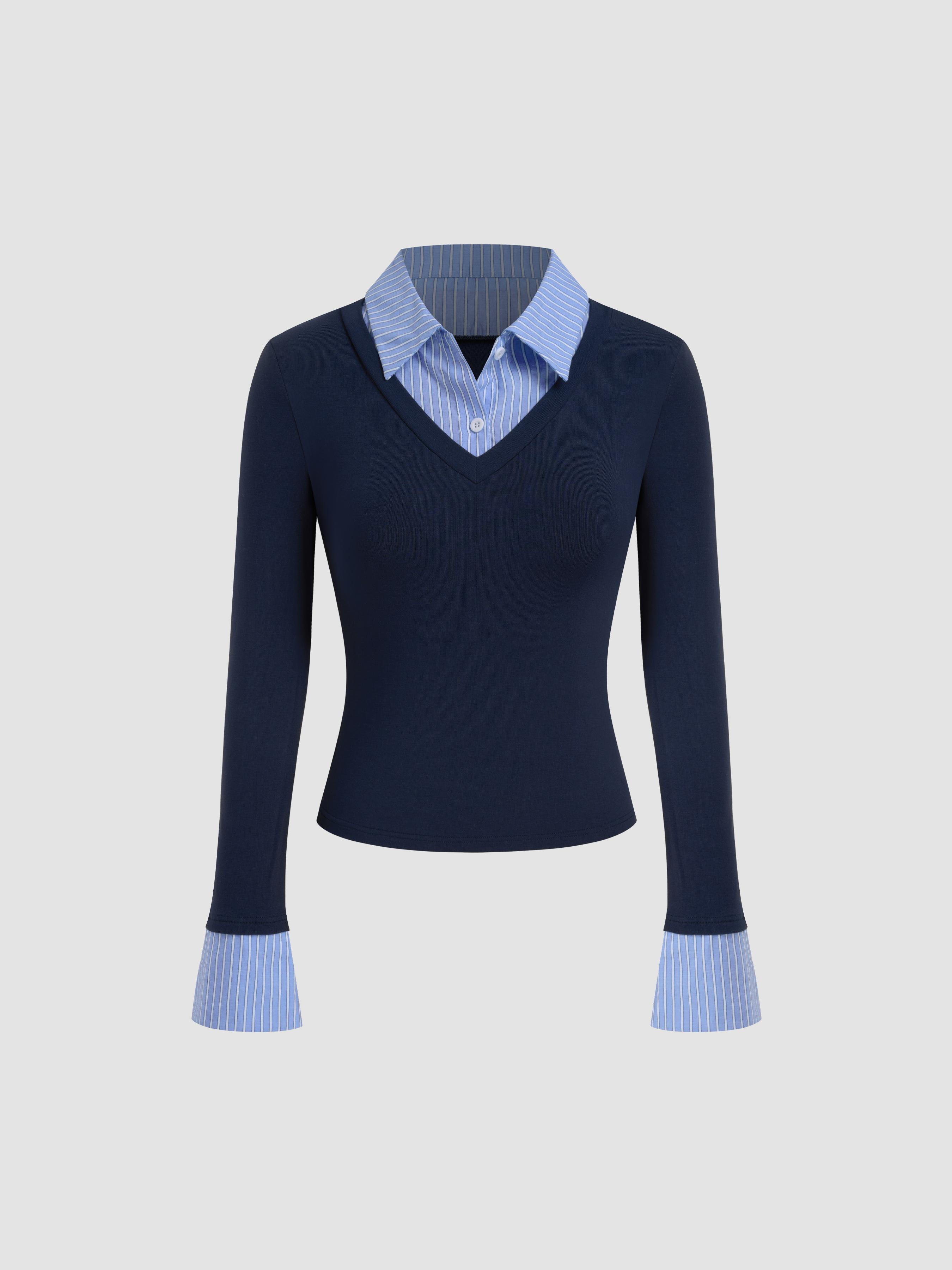 Cotton-blend Collar Stripe Two Tone Top by CIDER