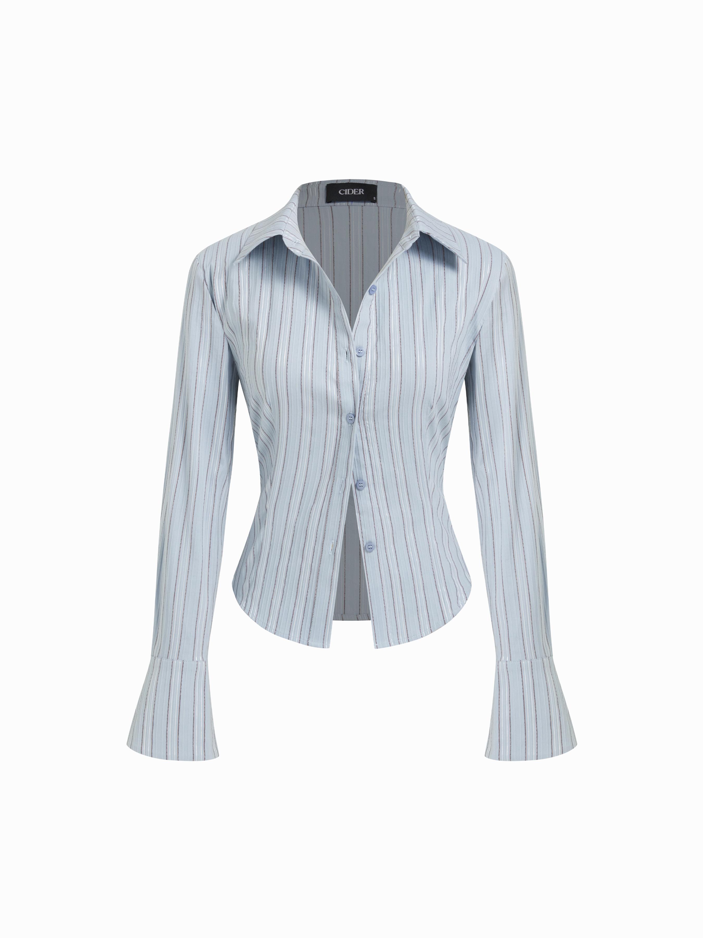 Cotton-blend Collar Striped Button Bell Sleeve Shirt by CIDER