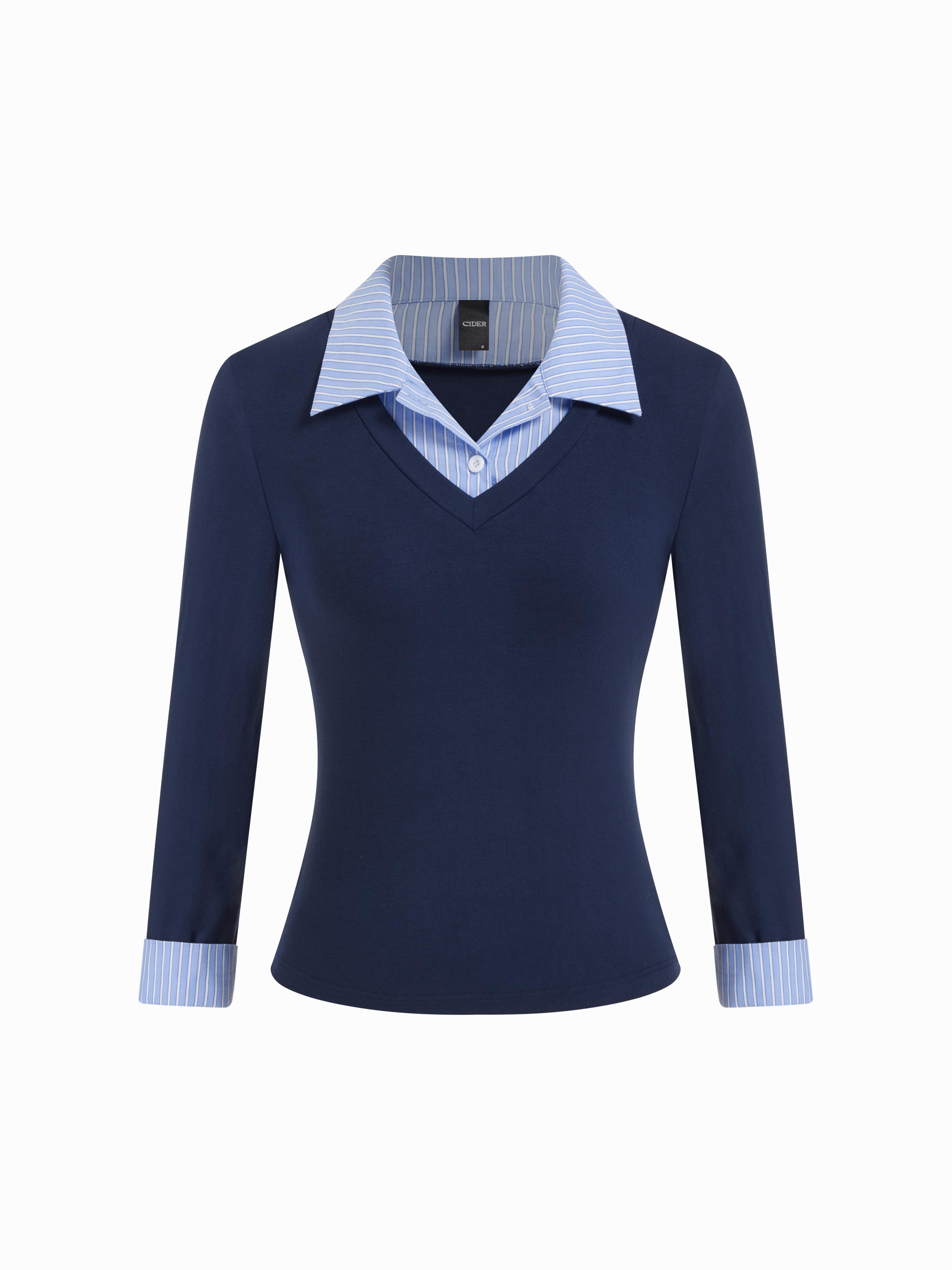 Cotton-blend Collar Striped Button Two Tone Cropped Top by CIDER