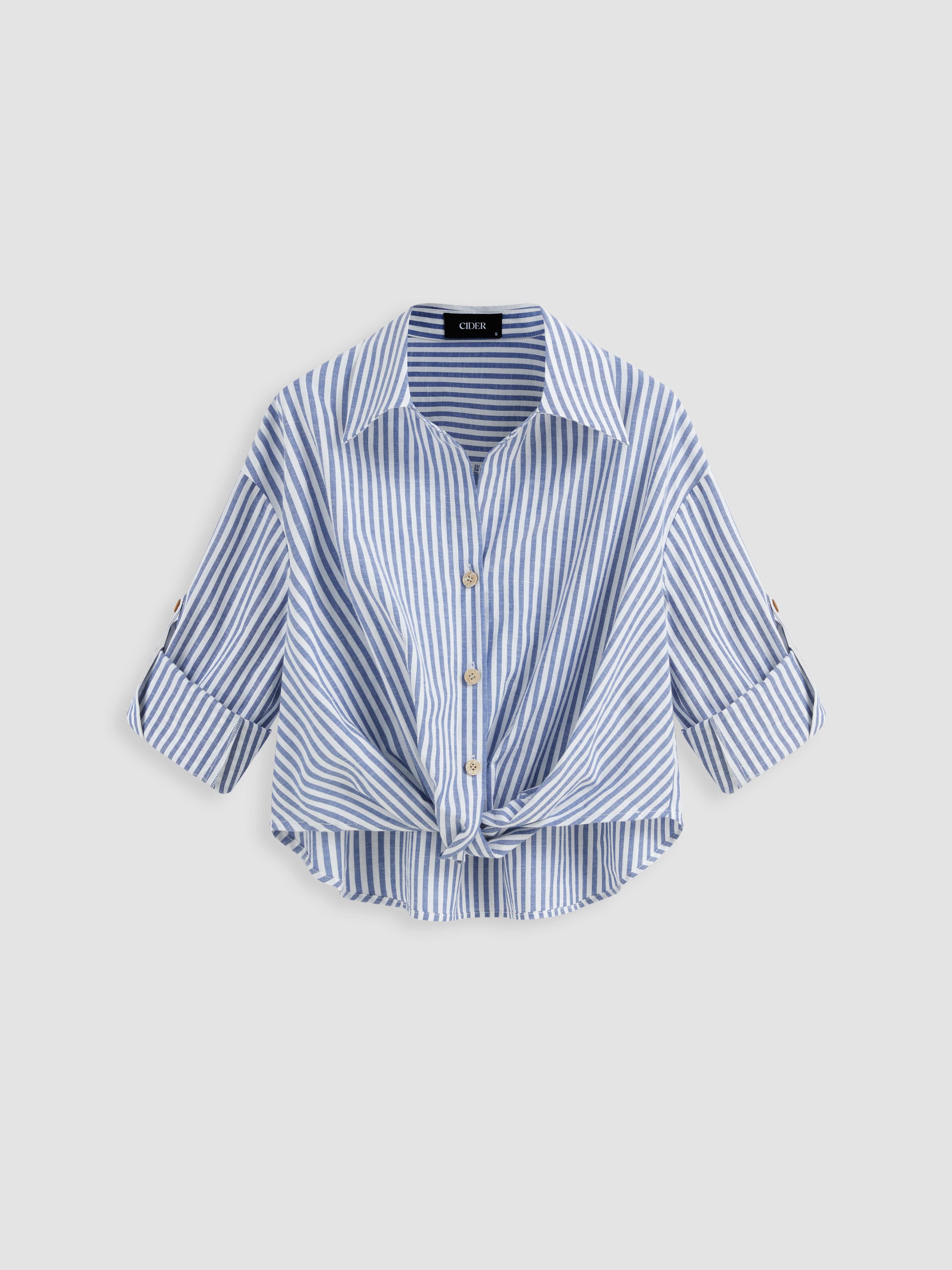 Cotton-blend Collar Striped Knotted Roll-up Long Sleeve Shirt by CIDER