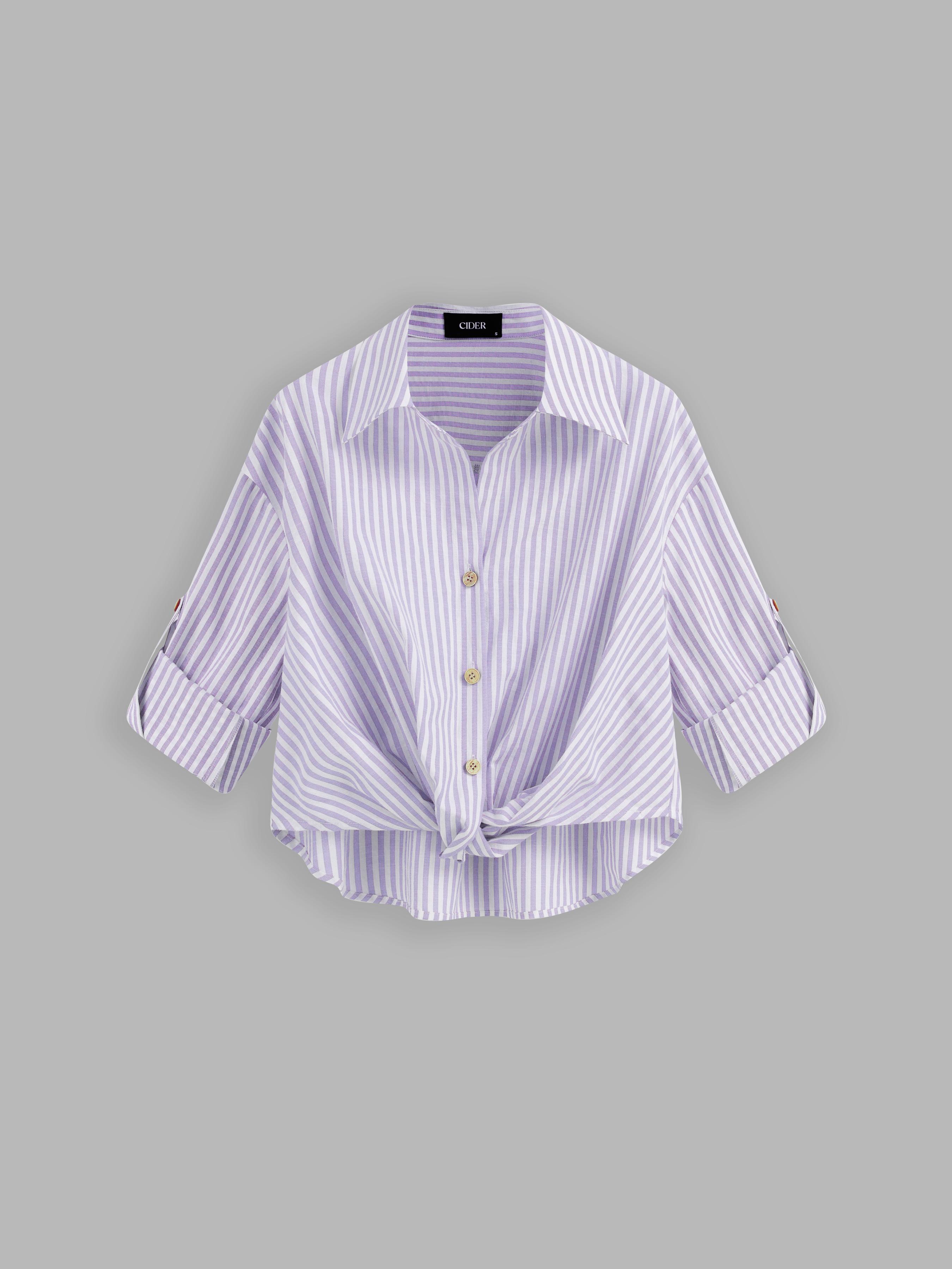 Cotton-blend Collar Striped Knotted Roll-up Long Sleeve Shirt by CIDER