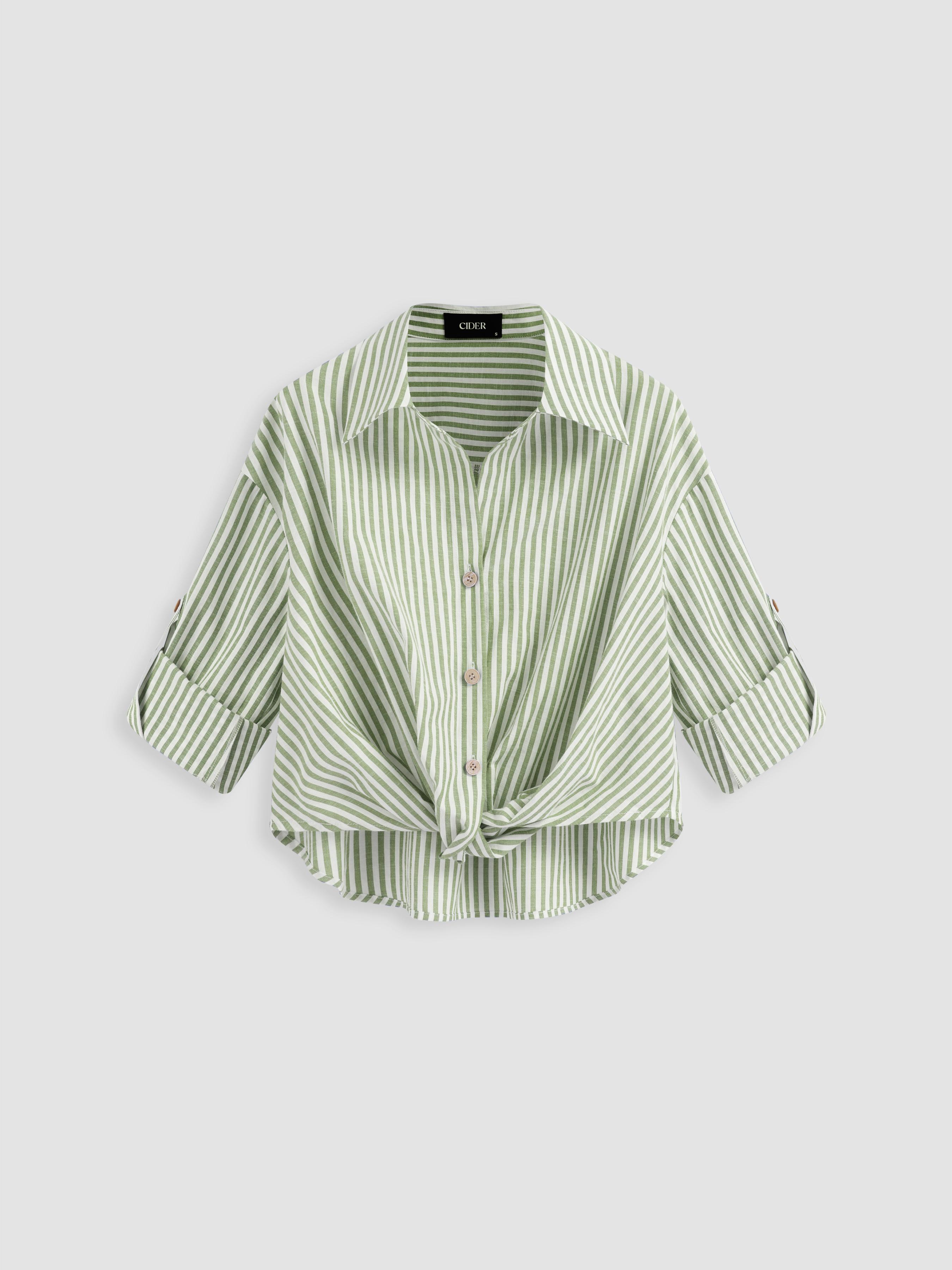 Cotton-blend Collar Striped Knotted Roll-up Long Sleeve Shirt by CIDER