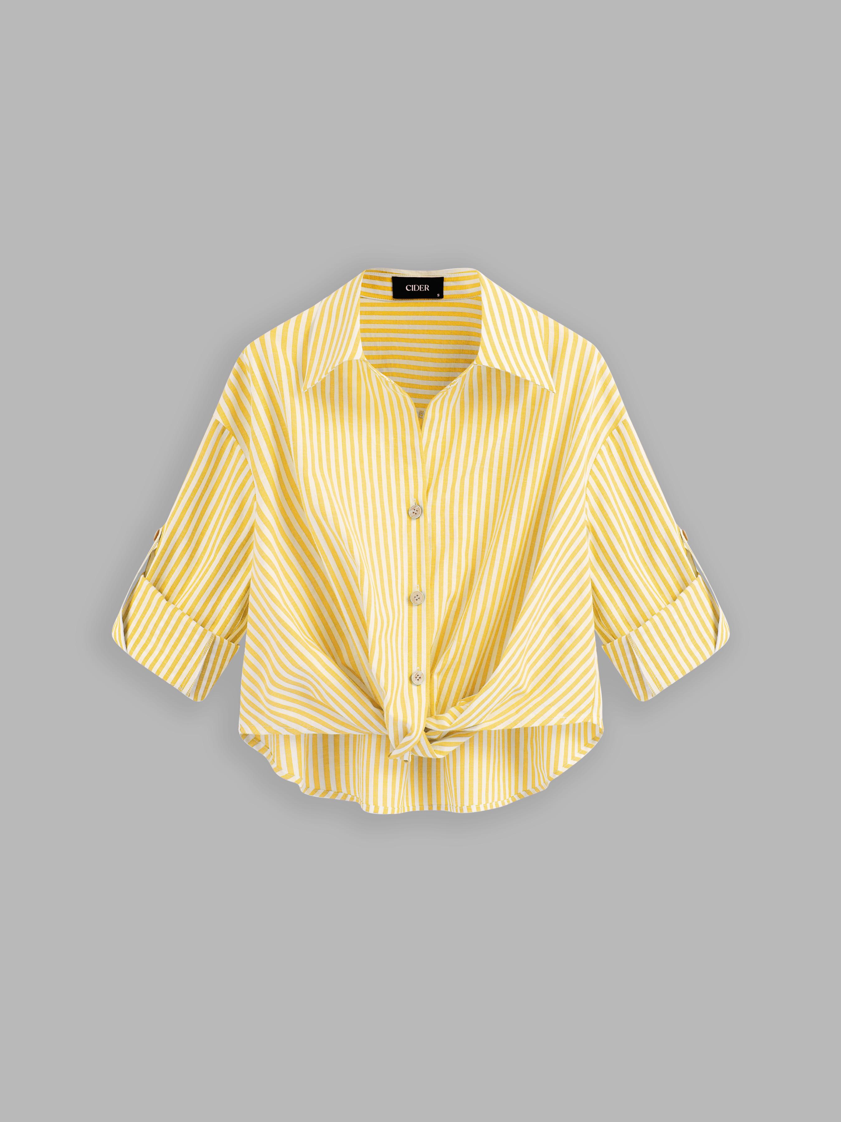 Cotton-blend Collar Striped Knotted Roll-up Long Sleeve Shirt by CIDER