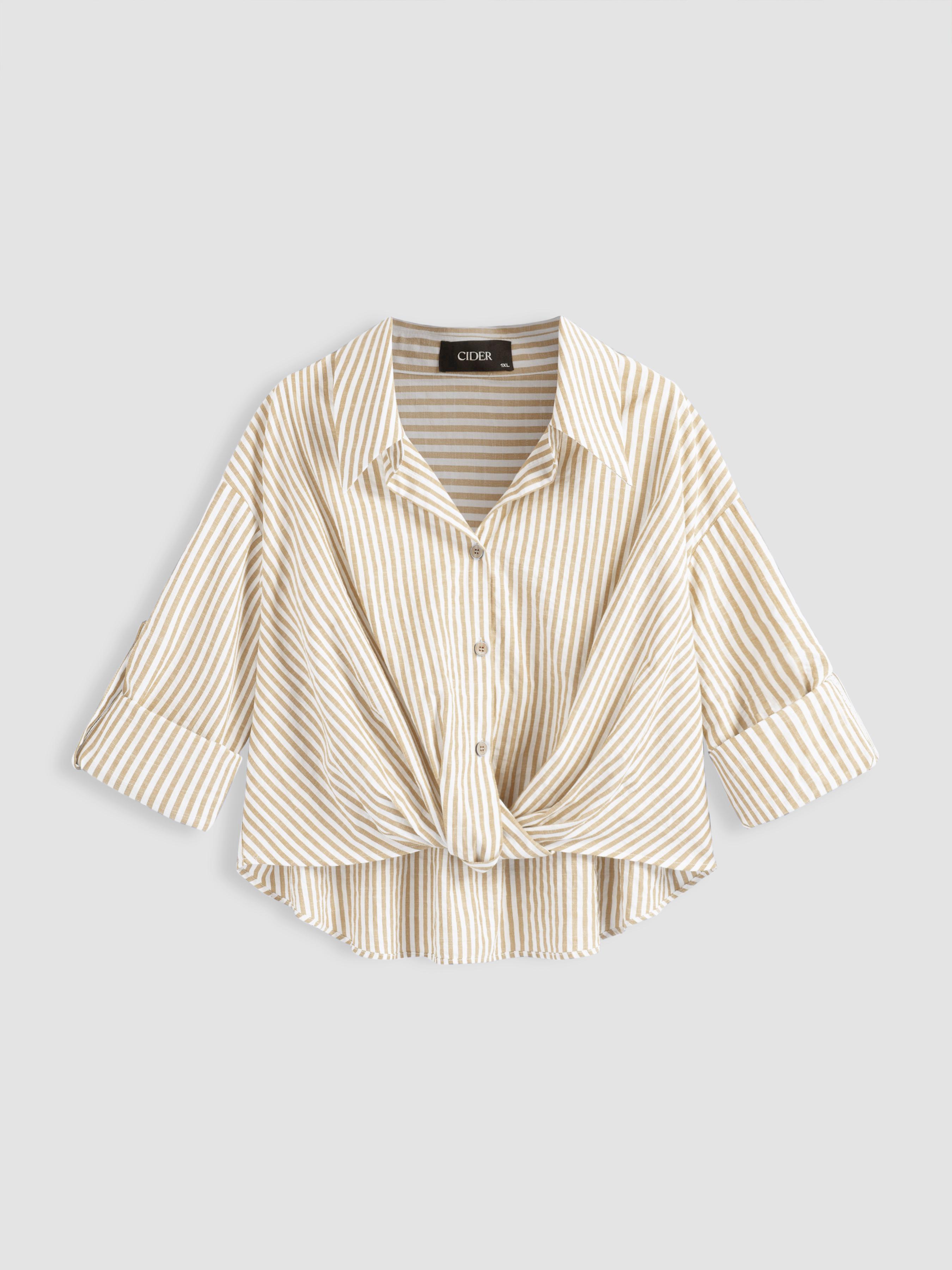 Cotton-blend Collar Striped Knotted Roll-up Long Sleeve Shirt Curve & Plus by CIDER