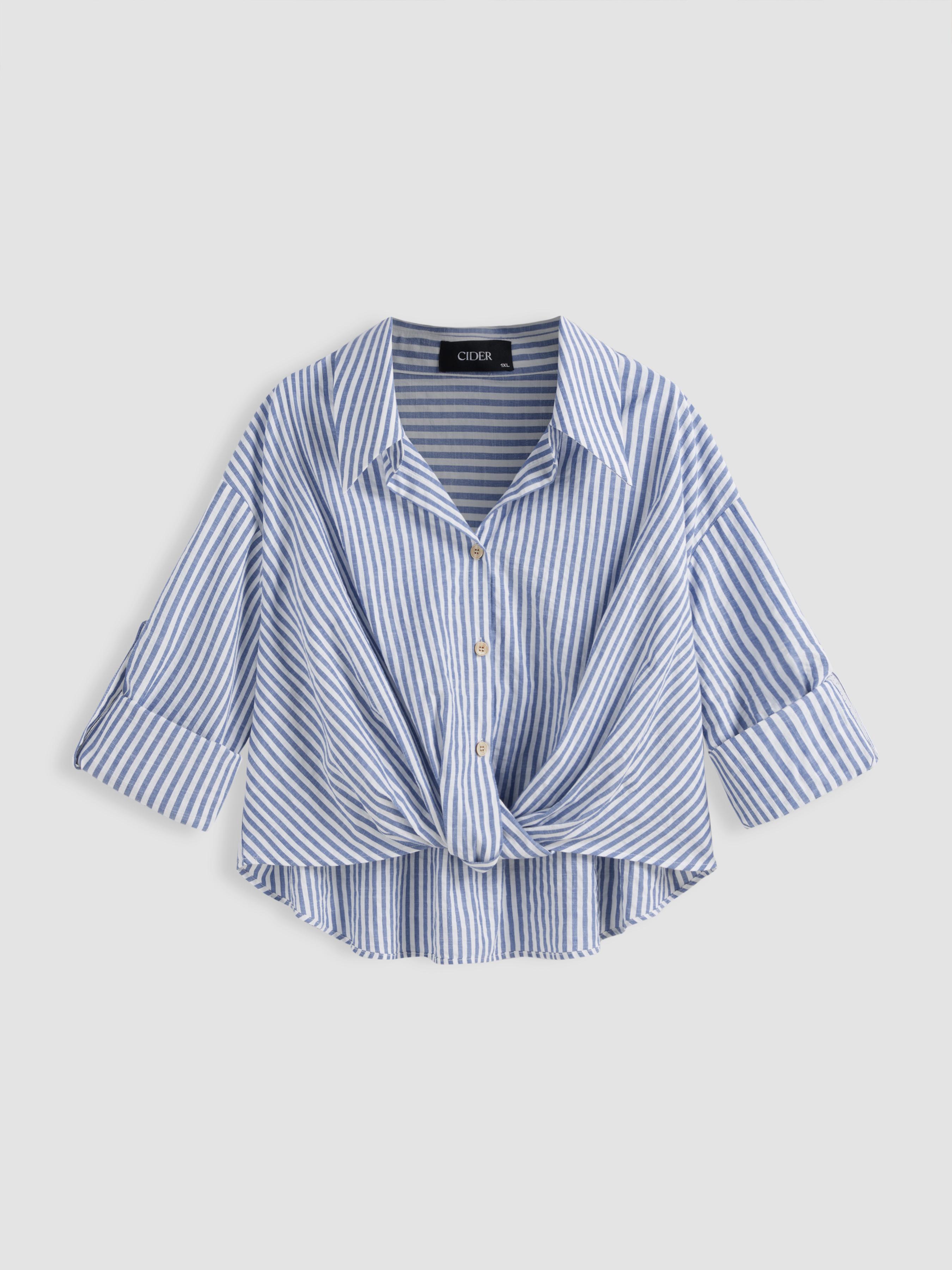 Cotton-blend Collar Striped Knotted Roll-up Long Sleeve Shirt Curve & Plus by CIDER