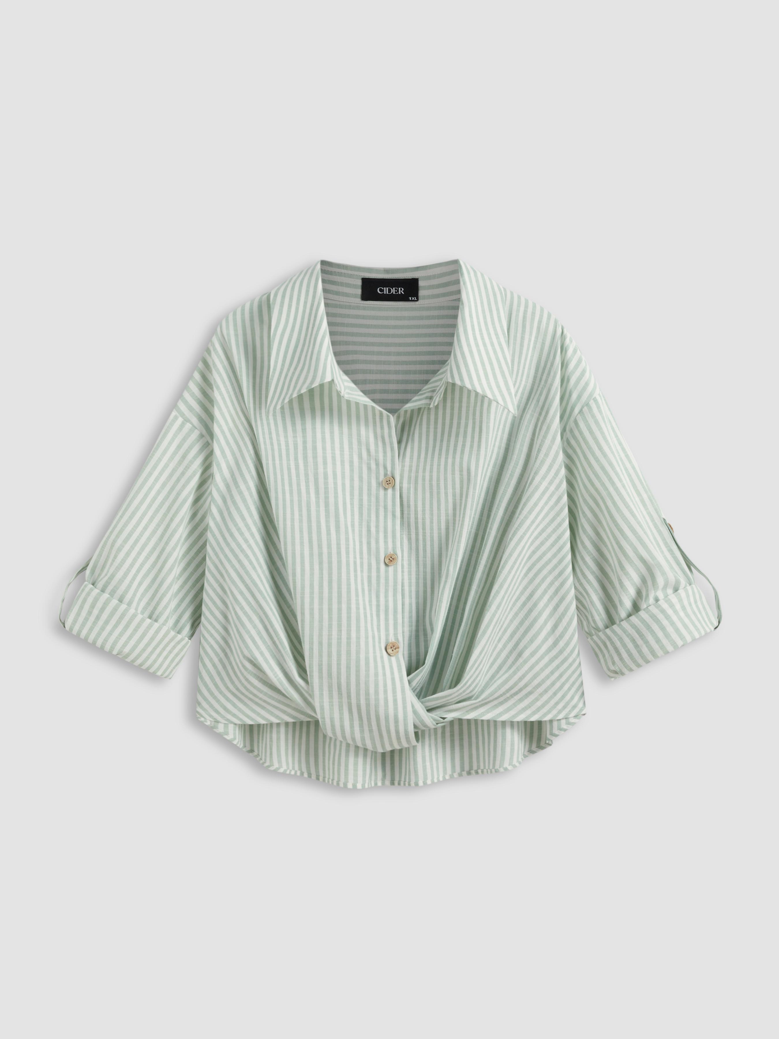 Cotton-blend Collar Striped Knotted Roll-up Long Sleeve Shirt Curve & Plus by CIDER
