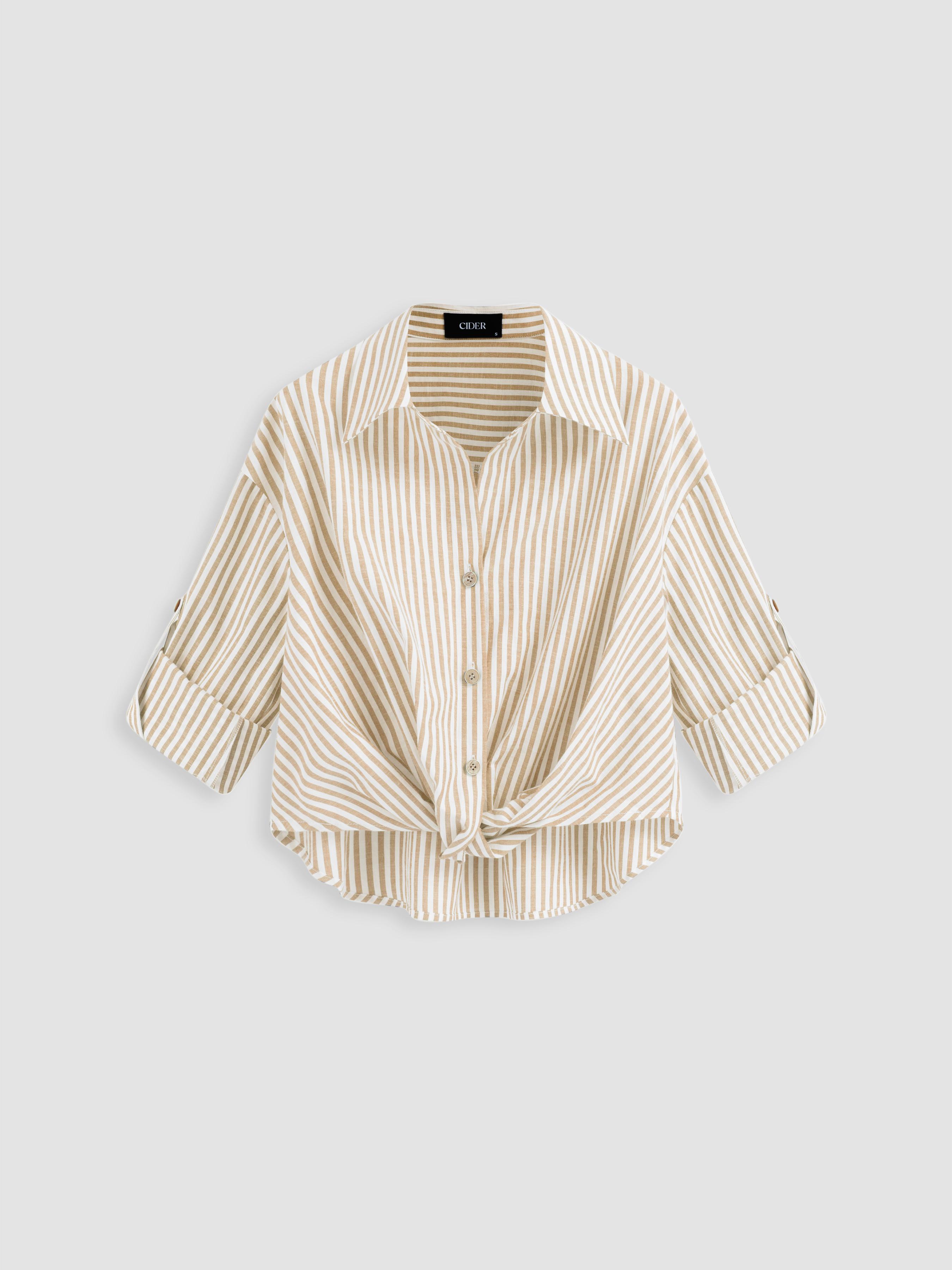 Cotton-blend Collar Striped Knotted Roll-up Long Sleeve Shirt by CIDER Cotton-blend Collar Striped Knotted Roll-up Long Sleeve Shirt by CIDER
