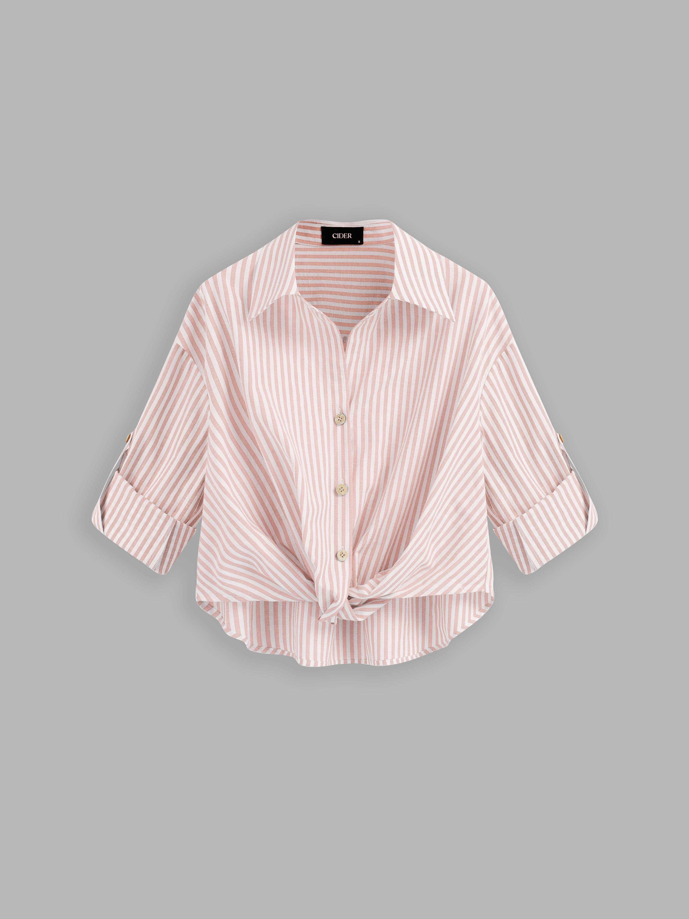 Cotton-blend Collar Striped Knotted Roll-up Long Sleeve Shirt by CIDER