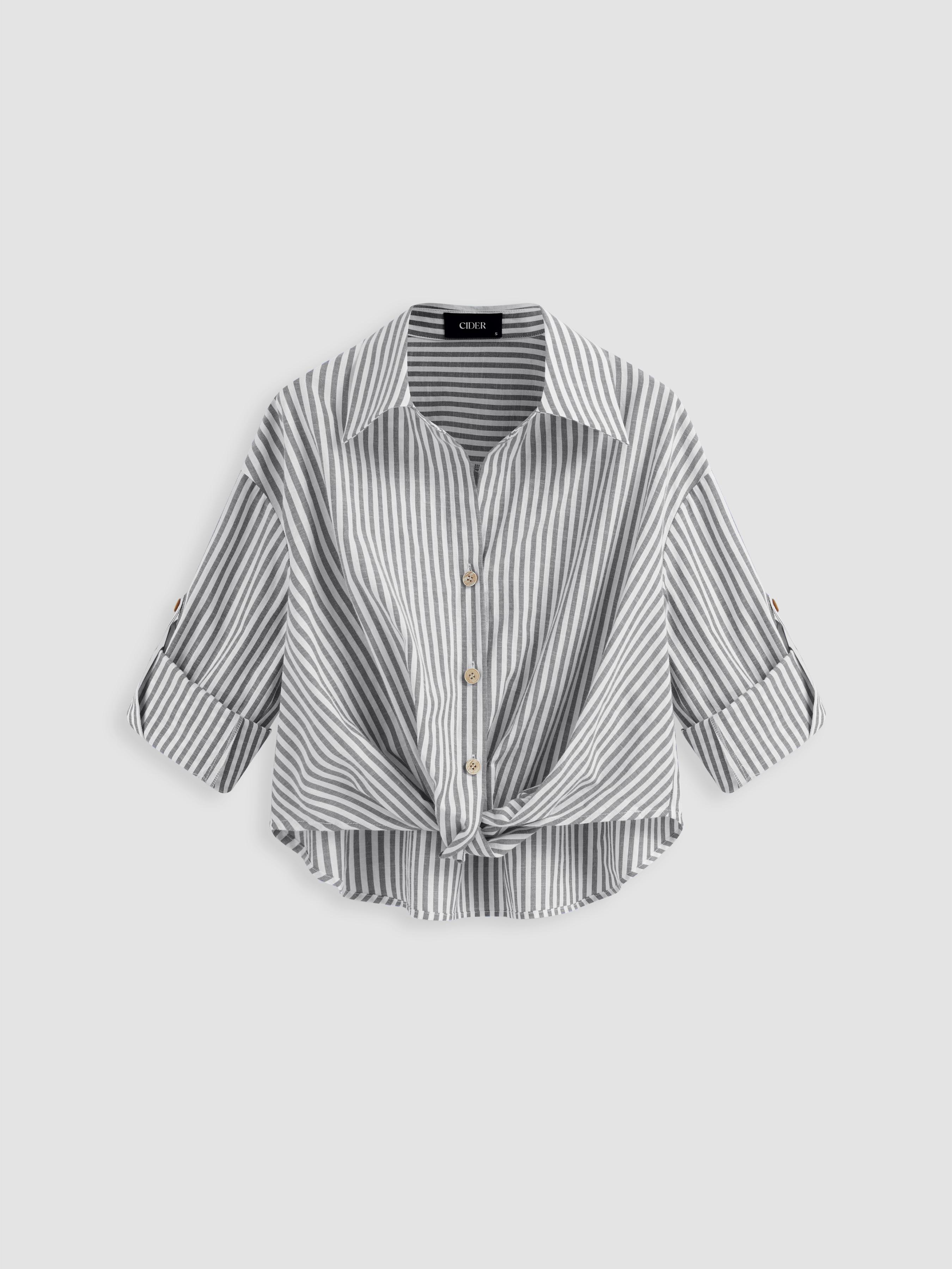 Cotton-blend Collar Striped Knotted Roll-up Long Sleeve Shirt by CIDER