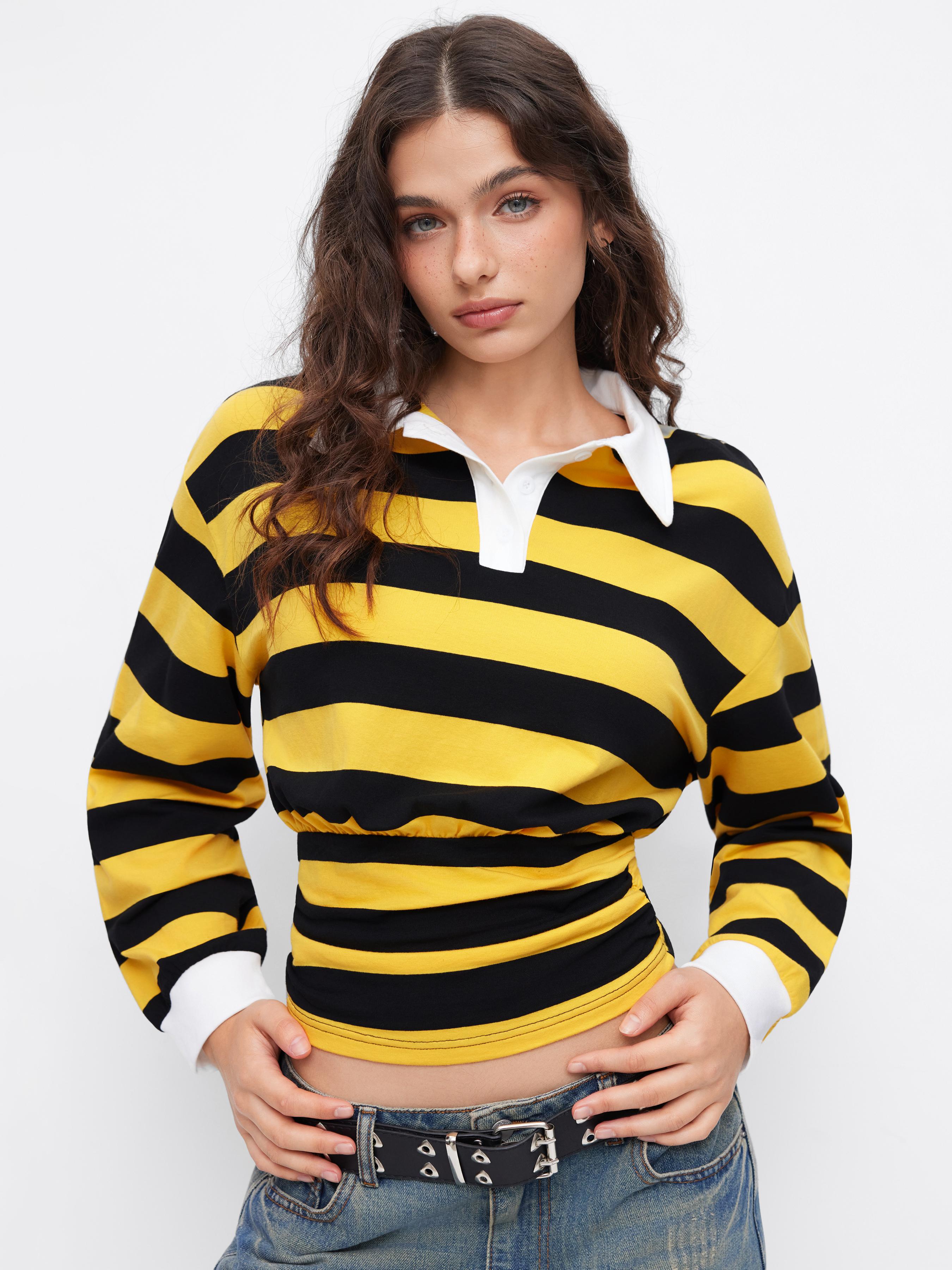 Cotton-blend Collar Striped Ruched Long Sleeve Oversized Tee by CIDER