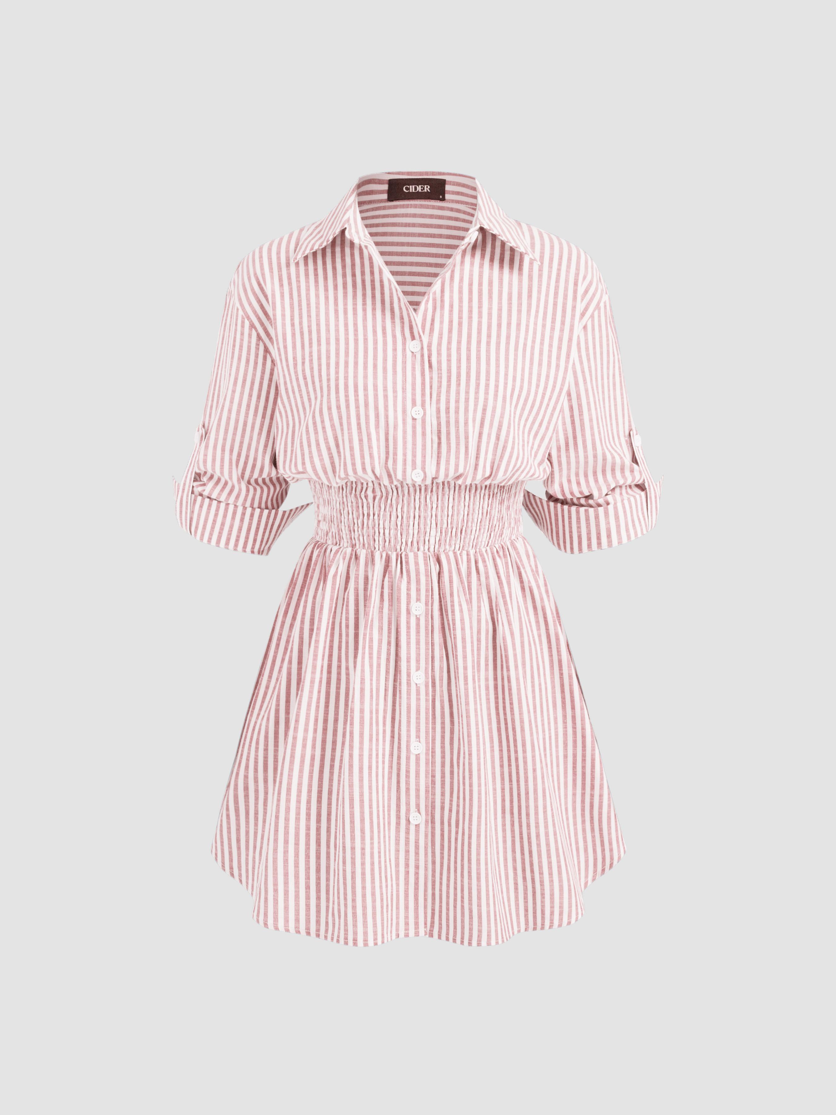 Cotton-blend Collar Striped Shirred Button Mini Shirt Dress by CIDER