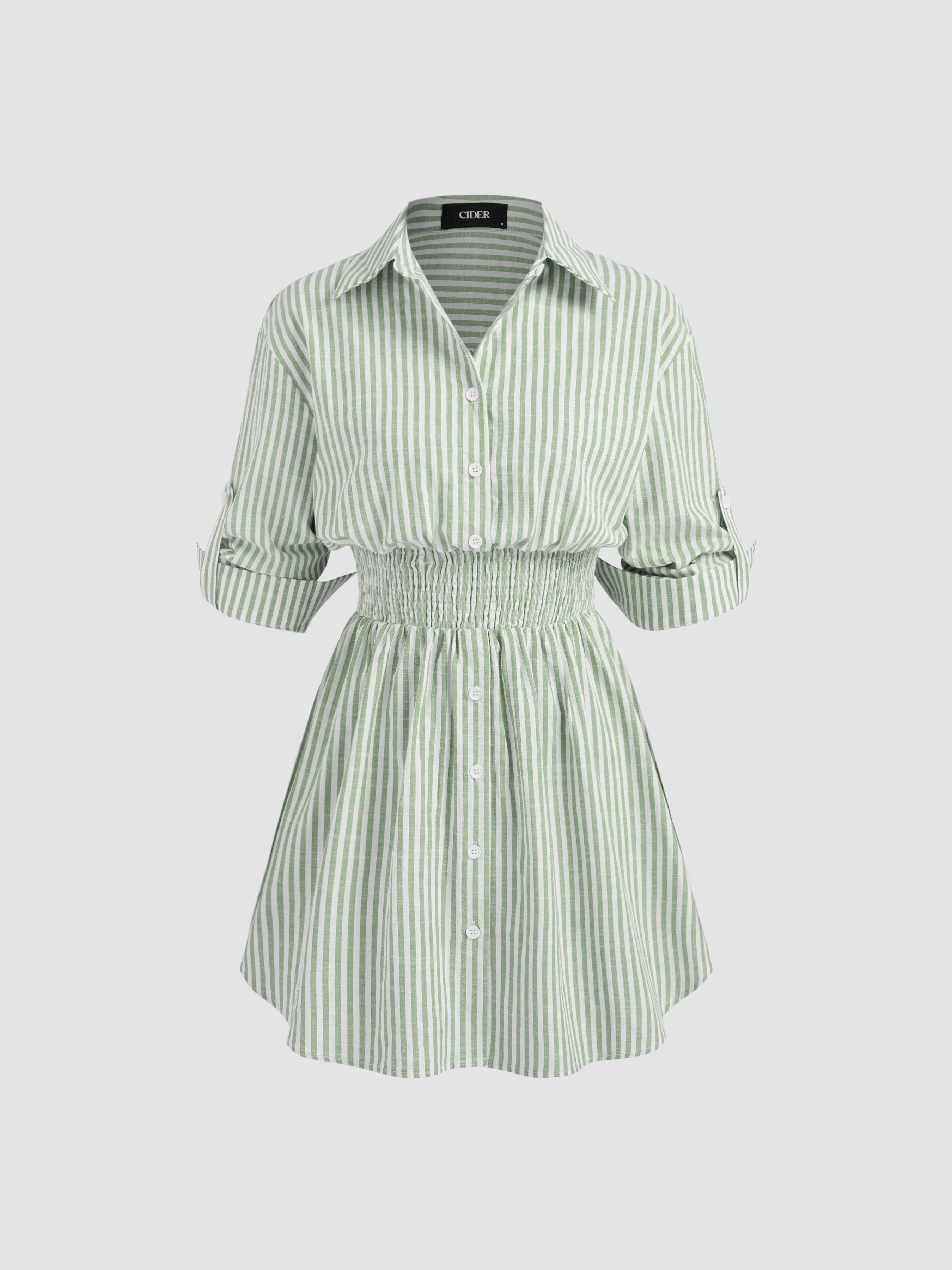 Cotton-blend Collar Striped Shirred Button Mini Shirt Dress by CIDER