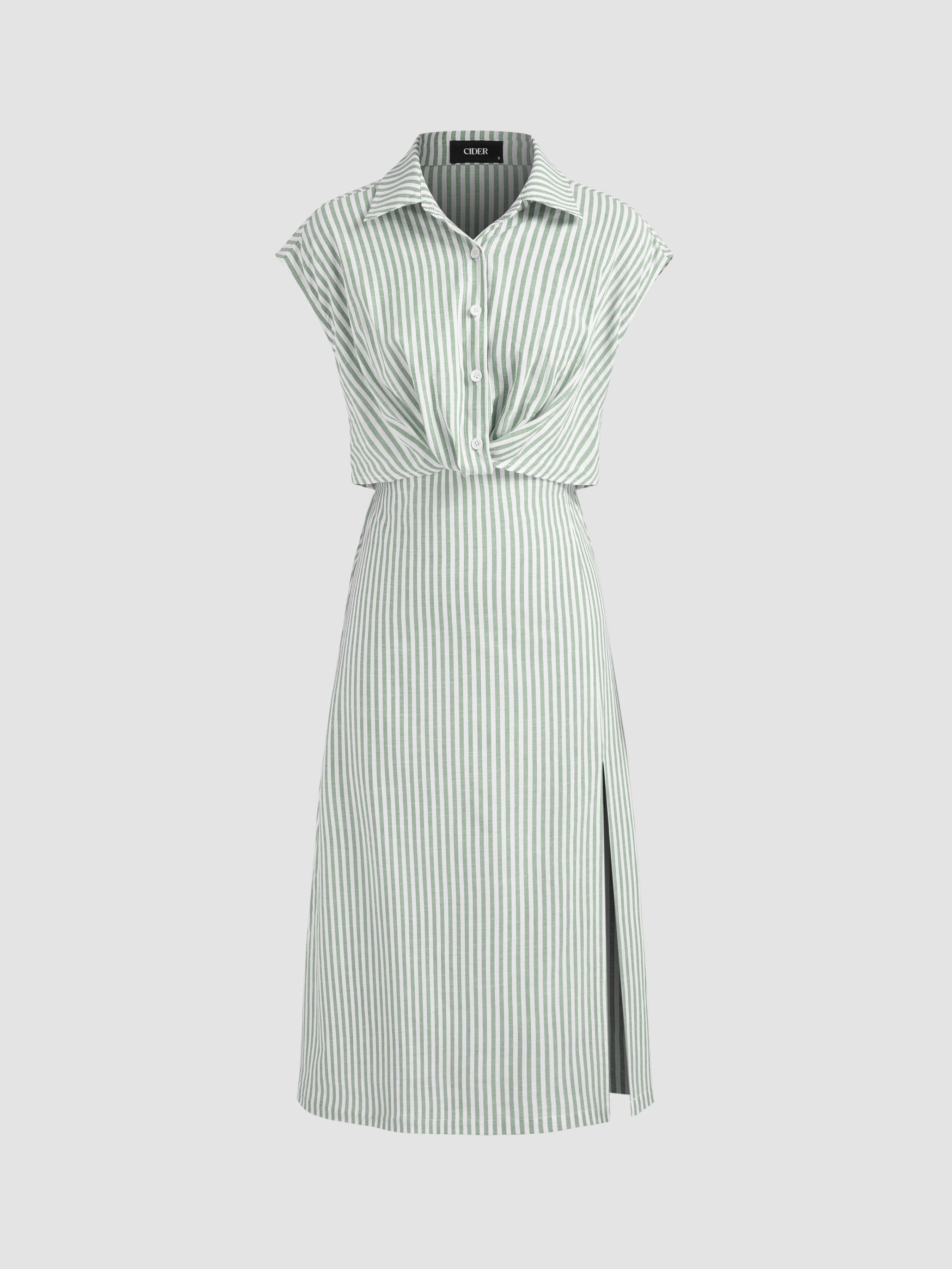 Cotton-blend Collar Striped Split Midi Shirt Dress by CIDER Cotton-blend Collar Striped Split Midi Shirt Dress by CIDER