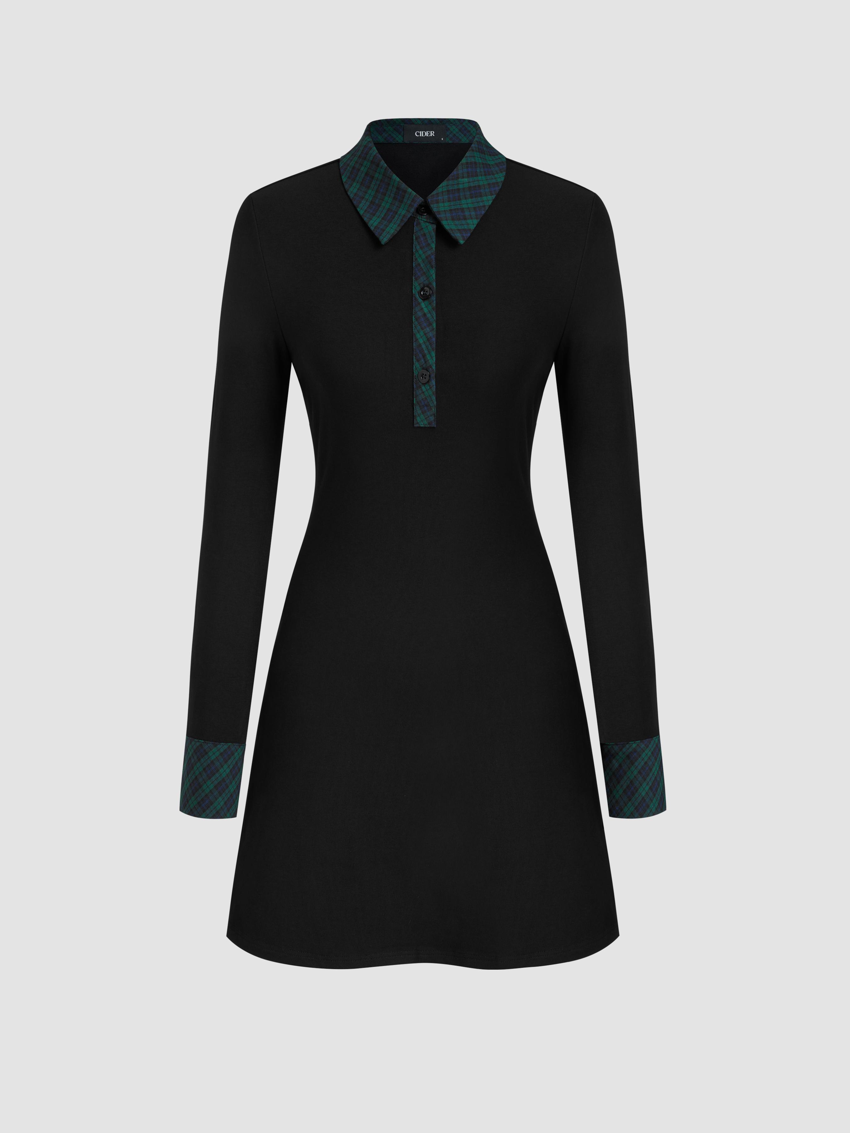 Cotton-blend Collar Tartan Contrasting Binding Mini Dress by CIDER
