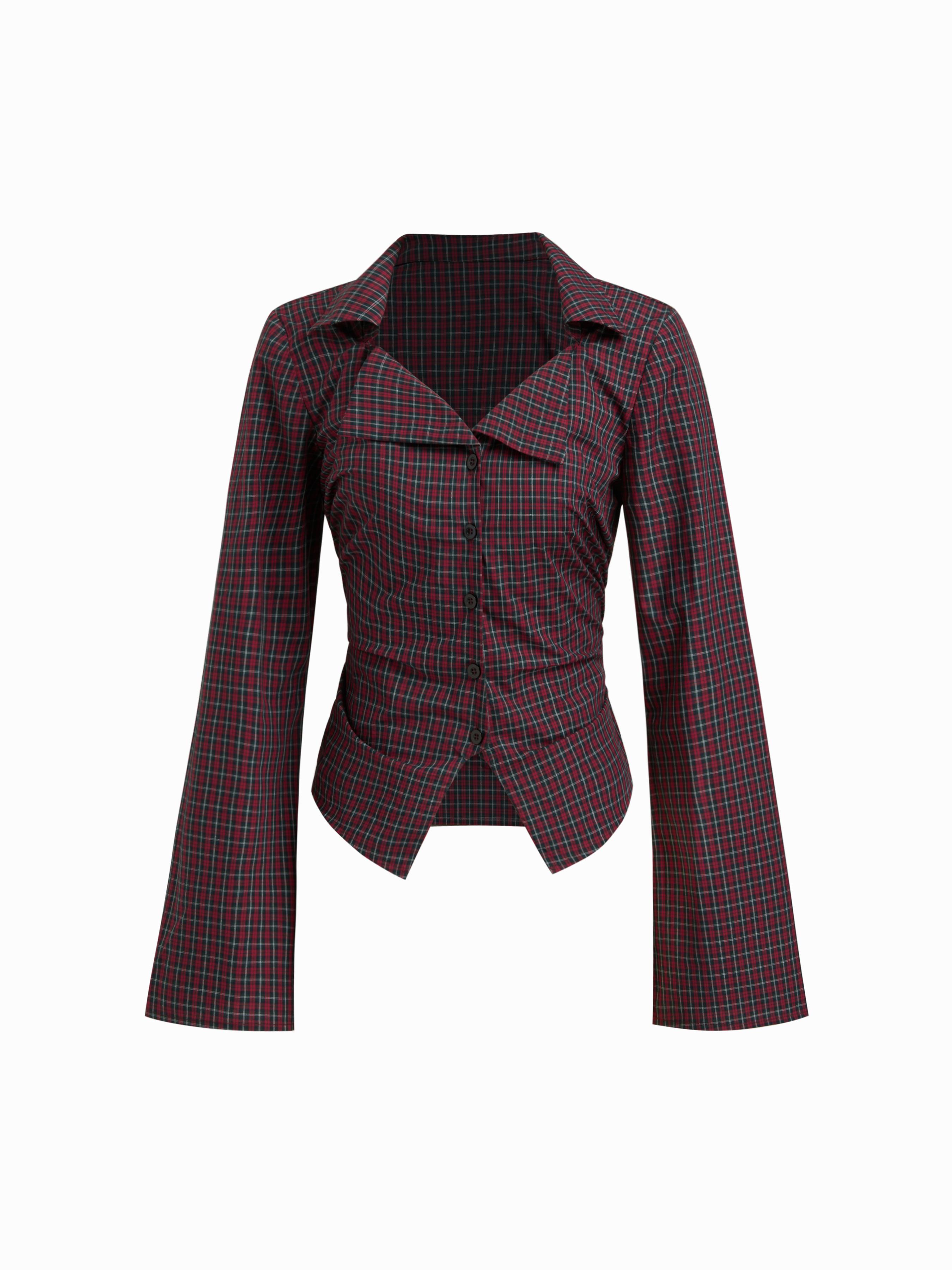 Cotton-blend Collar Tartan Ruched Bell Sleeve Shirt by CIDER