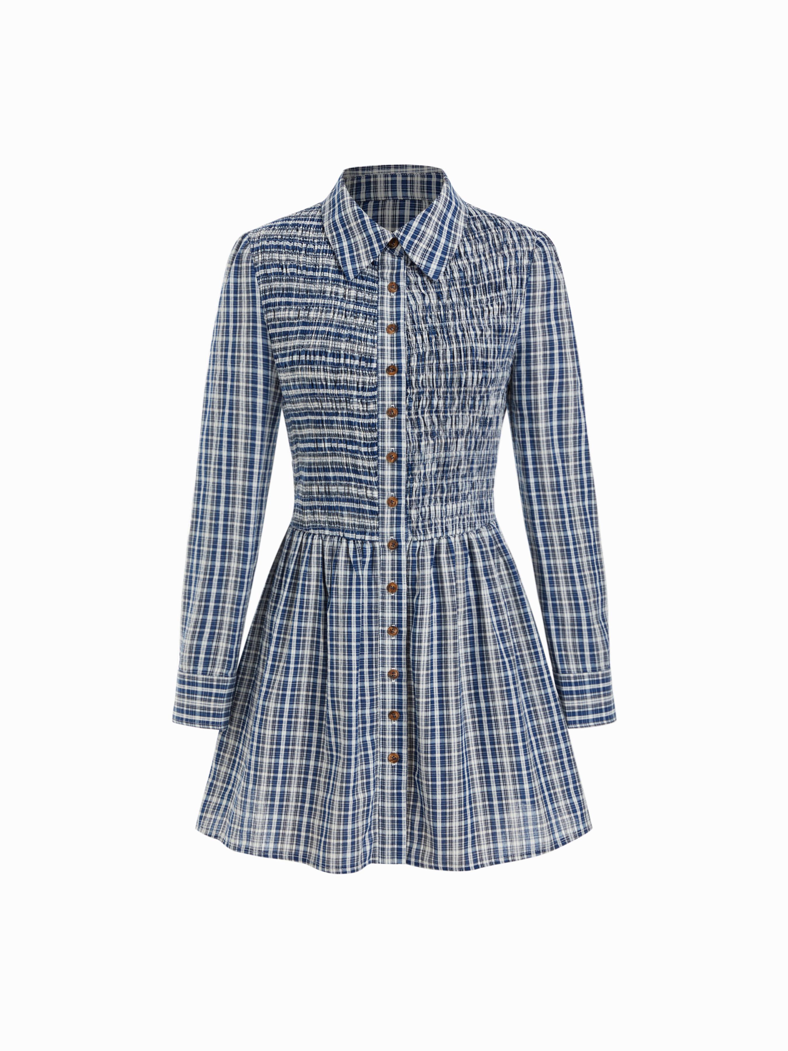Cotton-blend Collar Tartan Shirred Button Mini Dress by CIDER