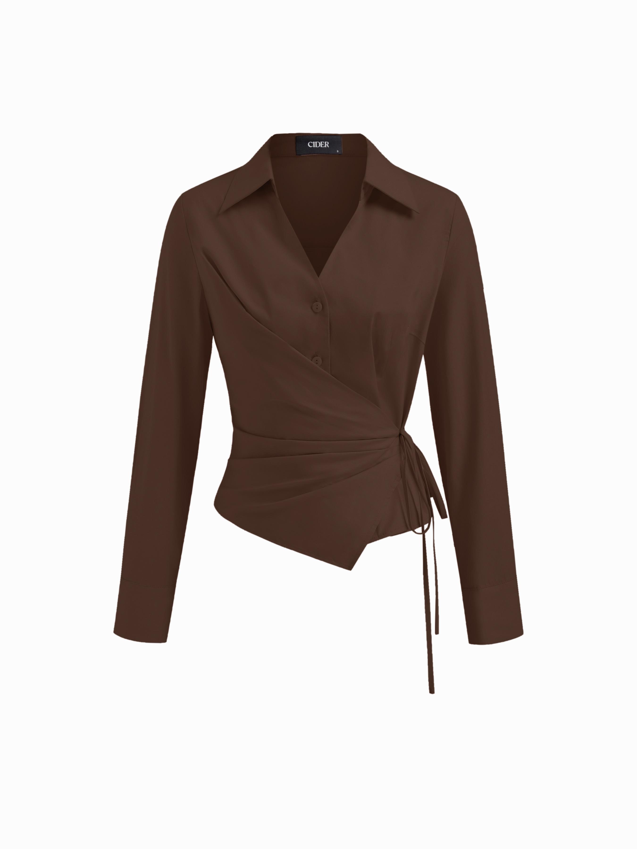 Cotton-blend Collar V-neck Long Sleeve Wrap Tie Side Shirt by CIDER